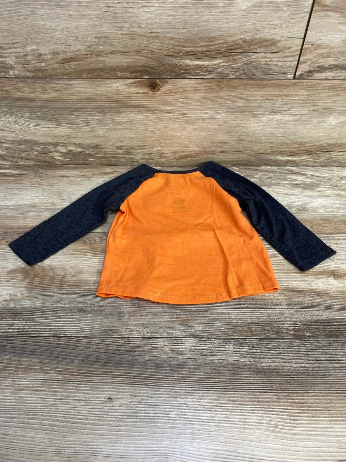 Back view of Jumping Beans Paw Patrol raglan shirt, orange body with charcoal grey sleeves, size 12M on wood background