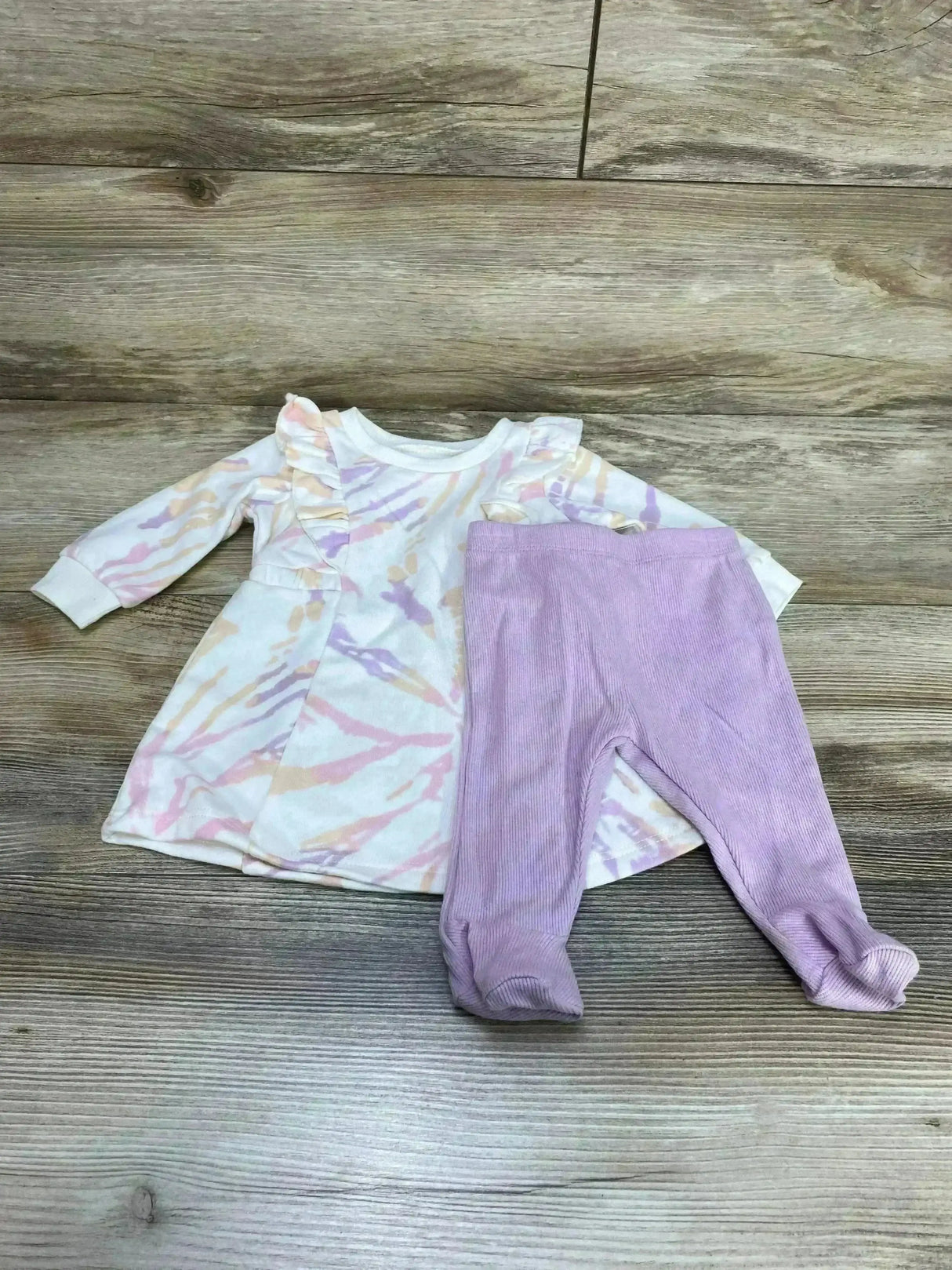 Front view of Grayson Mini 2-piece tie-dye dress and matching pants, white, newborn 0-3m, showing tie-dye pattern on white background