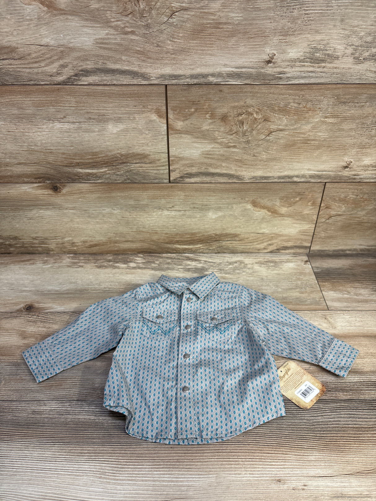 NEW Wrangler Baby Boy Long Sleeve Shirt Blue/Grey sz 6-9m