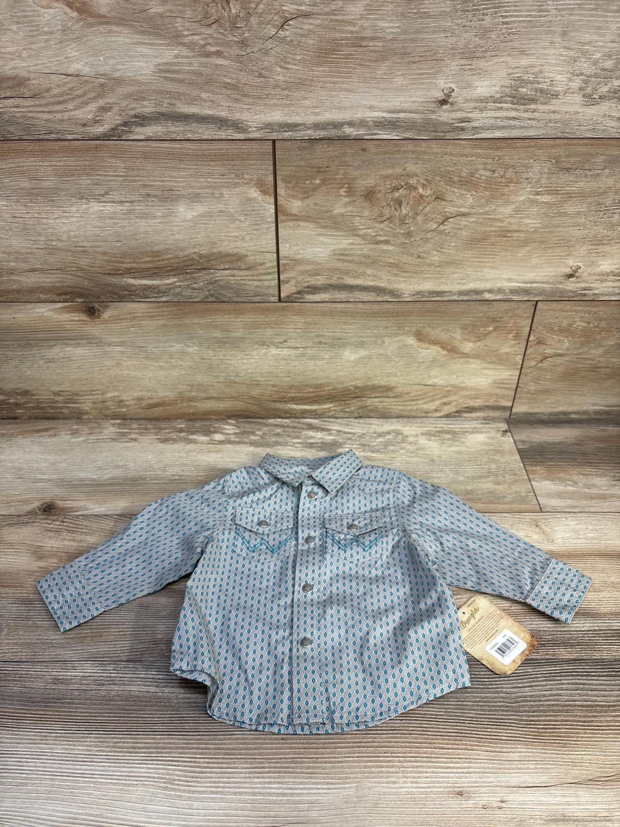 NEW Wrangler Baby Boy Long Sleeve Shirt Blue/Grey sz 6-9m
