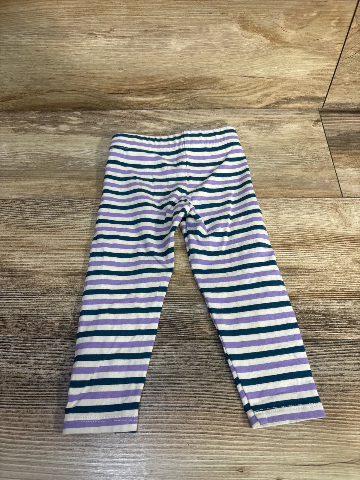 Front view of Dip striped leggings showcasing purple and dark green horizontal stripes on a wooden floor