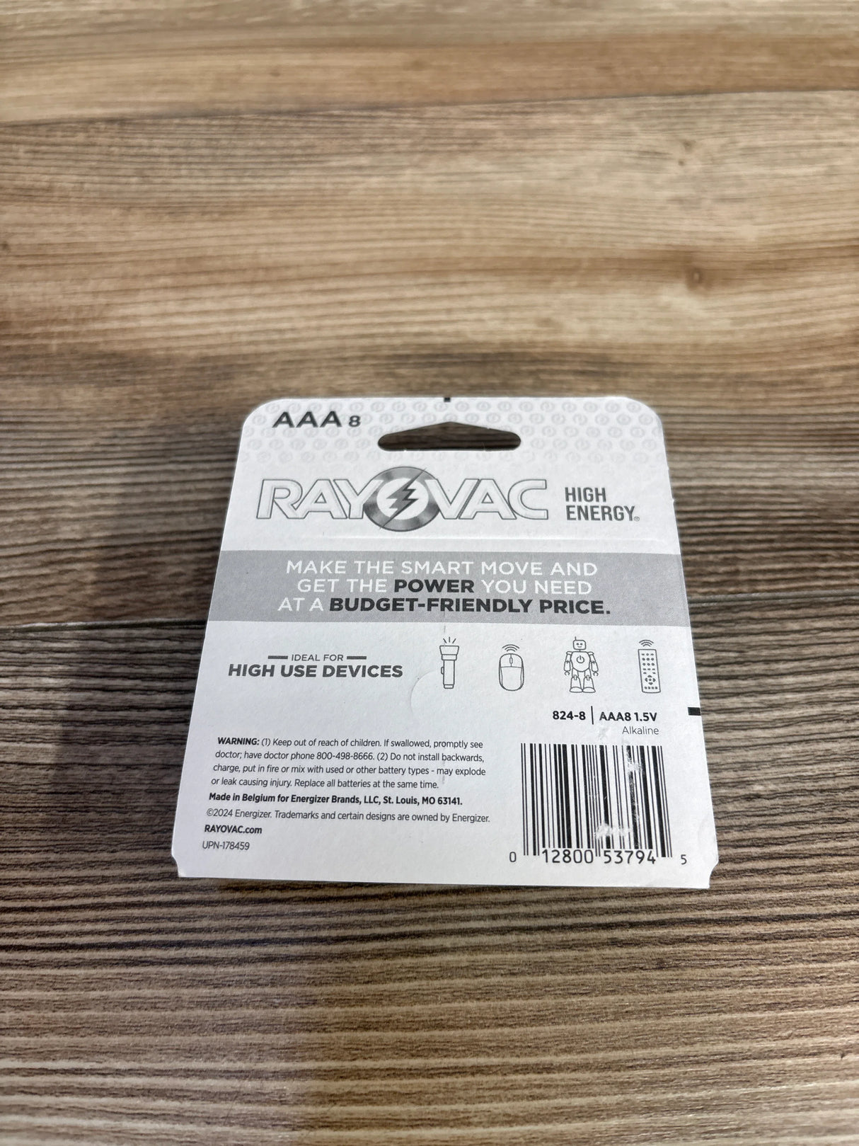 Rayovac AAA alkaline batteries packaging with tagline for high use devices and budget-friendly power