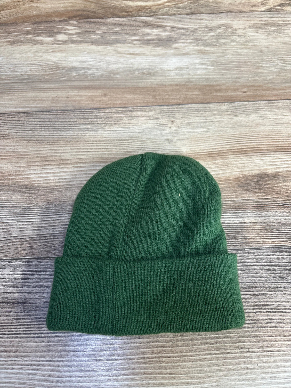 Front view of Toby & Me Roar Beanie in green, size 12 to 24 months, showcasing its folded cuff and knit texture on a wood surface