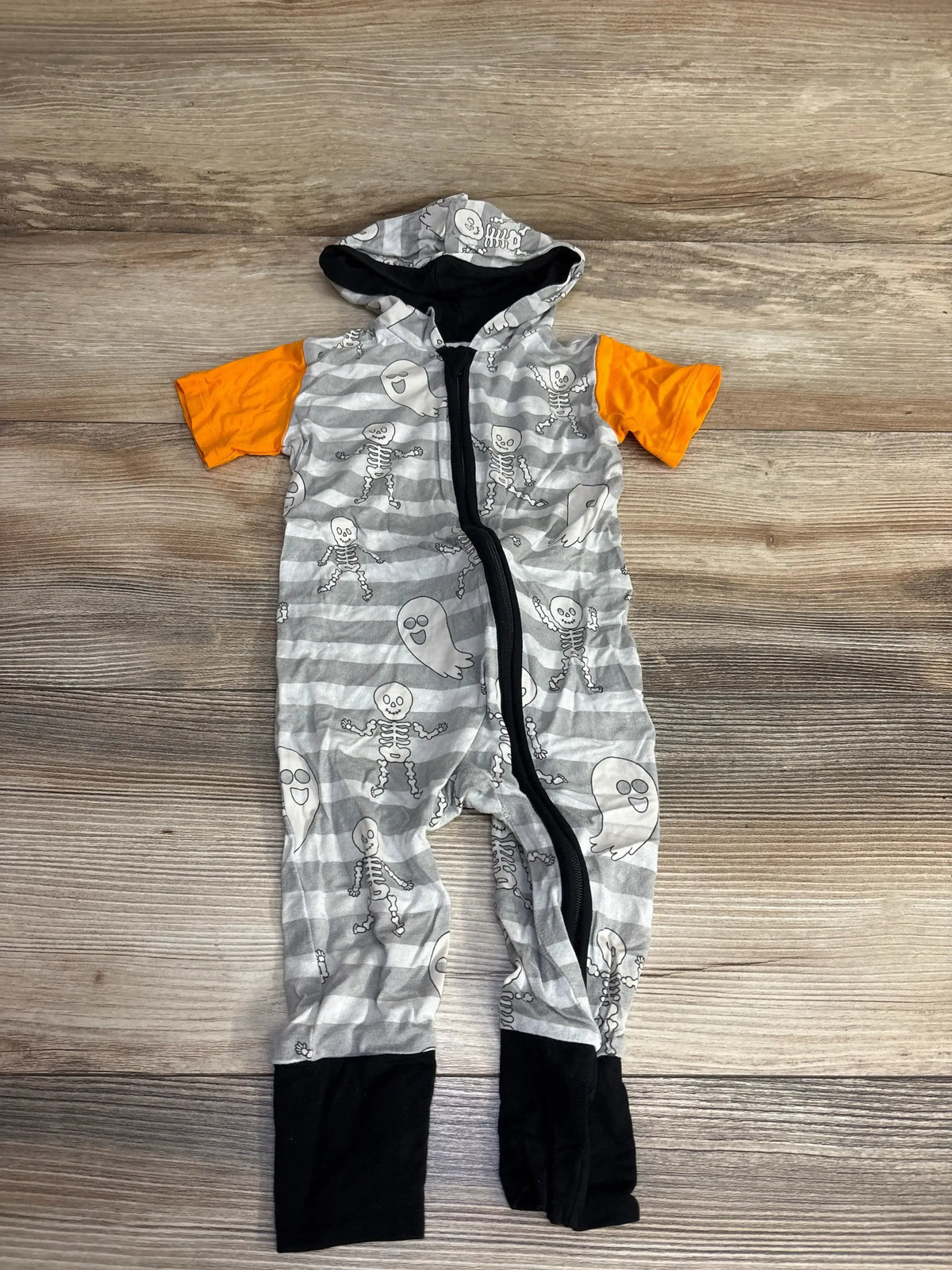Halloween baby onesie with skeleton and ghost print, orange sleeves, gray stripes, black zipper and cuffs