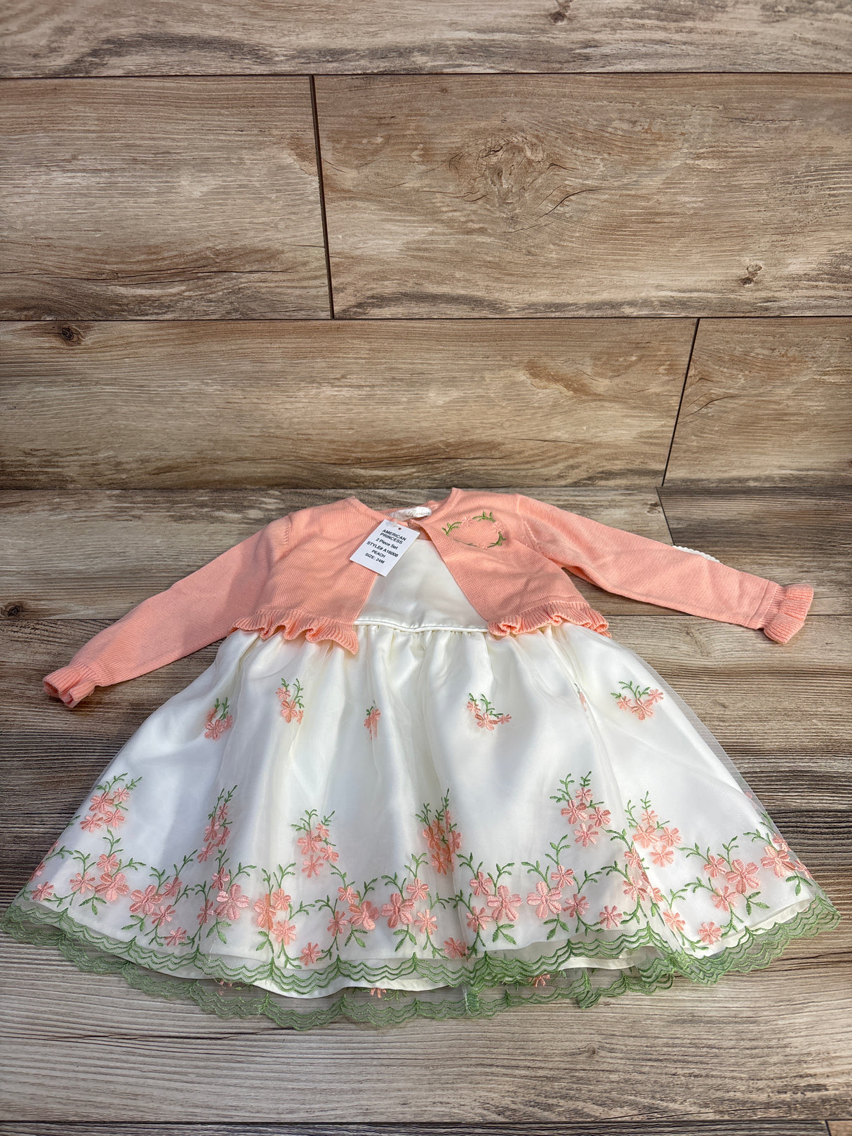 NEW American Princess 2pc Embroidered Dress & Cardigan Set Peach sz 24m