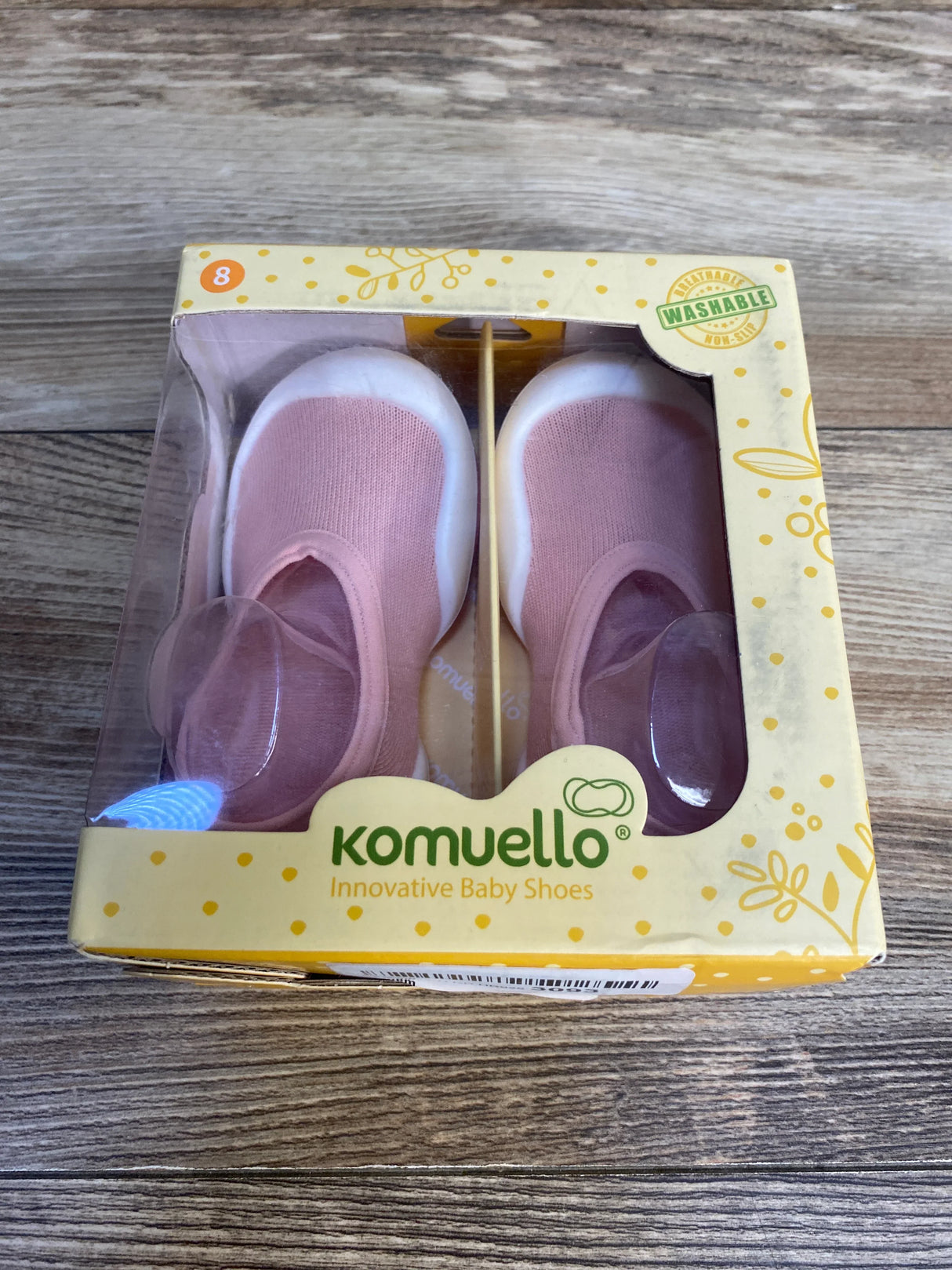 Boxed pink baby shoes with white soles, Komuello innovative baby shoes, size 8, washable