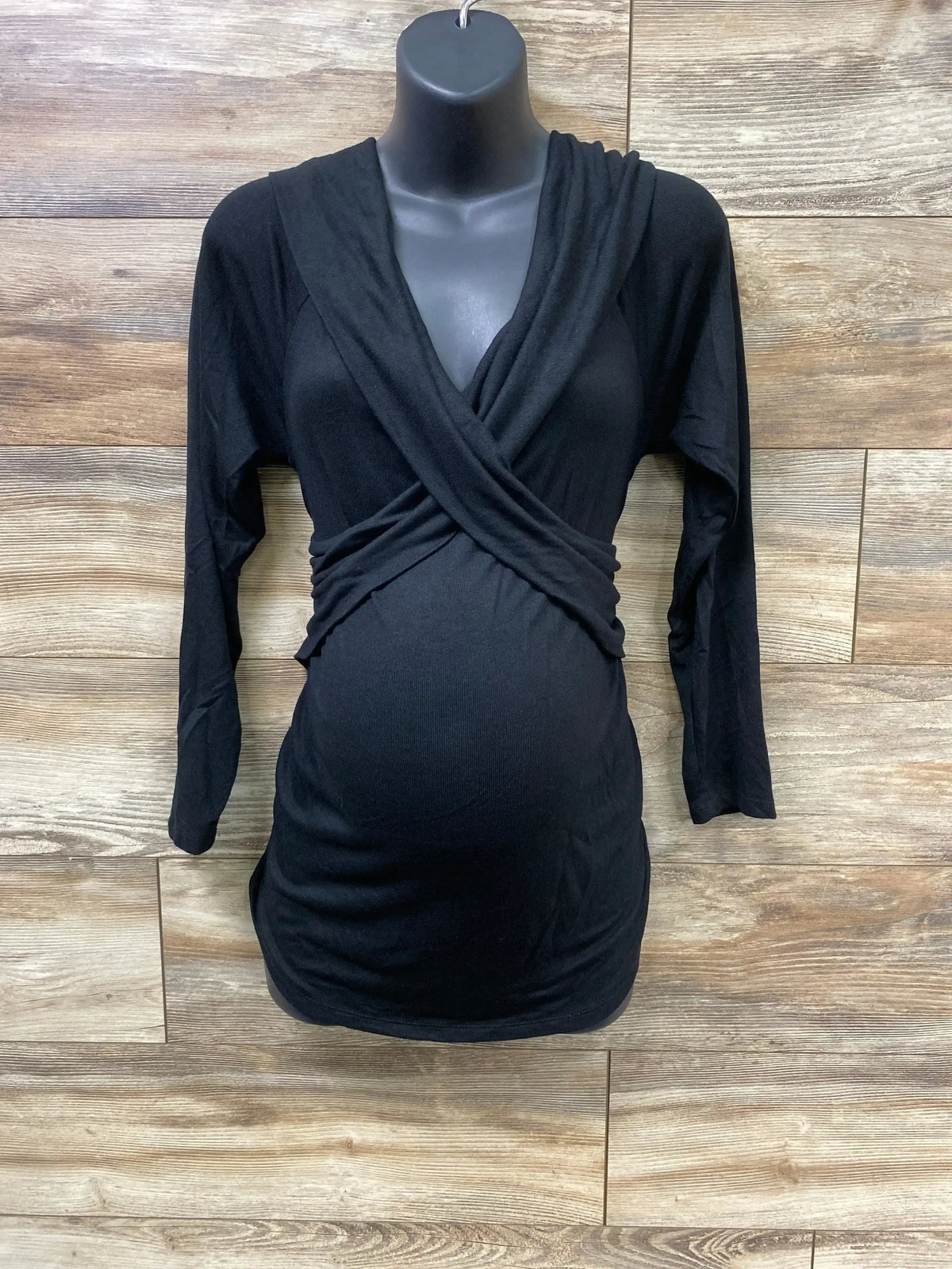 Front view of Isabel maternity cross-front top in black size XL showing crossover V-neck and short sleeves on white background