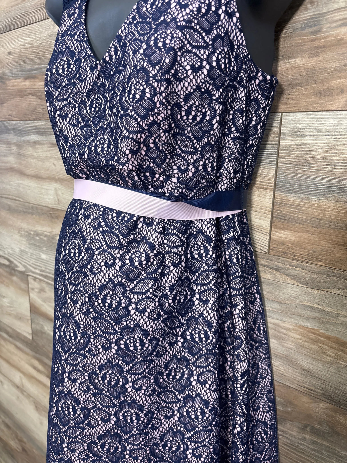 Navy blue floral lace maternity dress with pink lining and satin ribbon belt