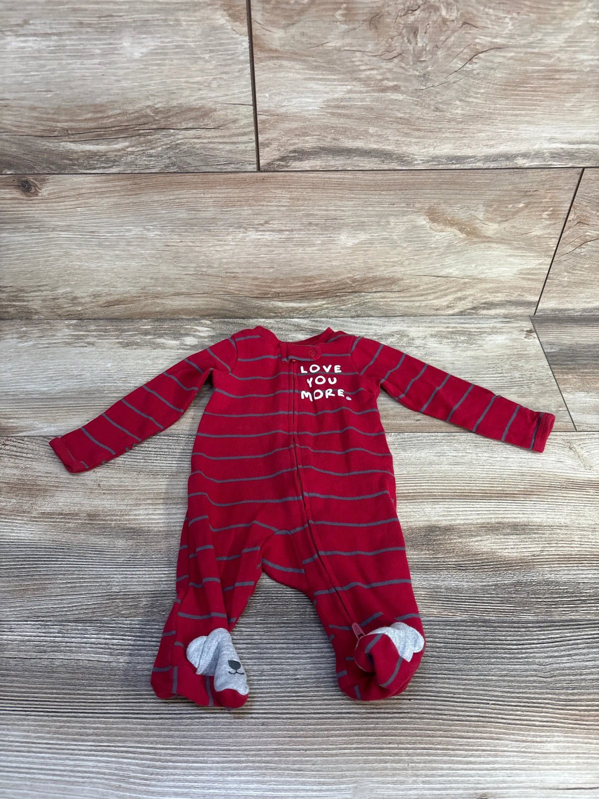 Front view of red Just One You Love You More sleeper with gray stripes, covered feet, 2-way zipper, and LOVE YOU MORE text