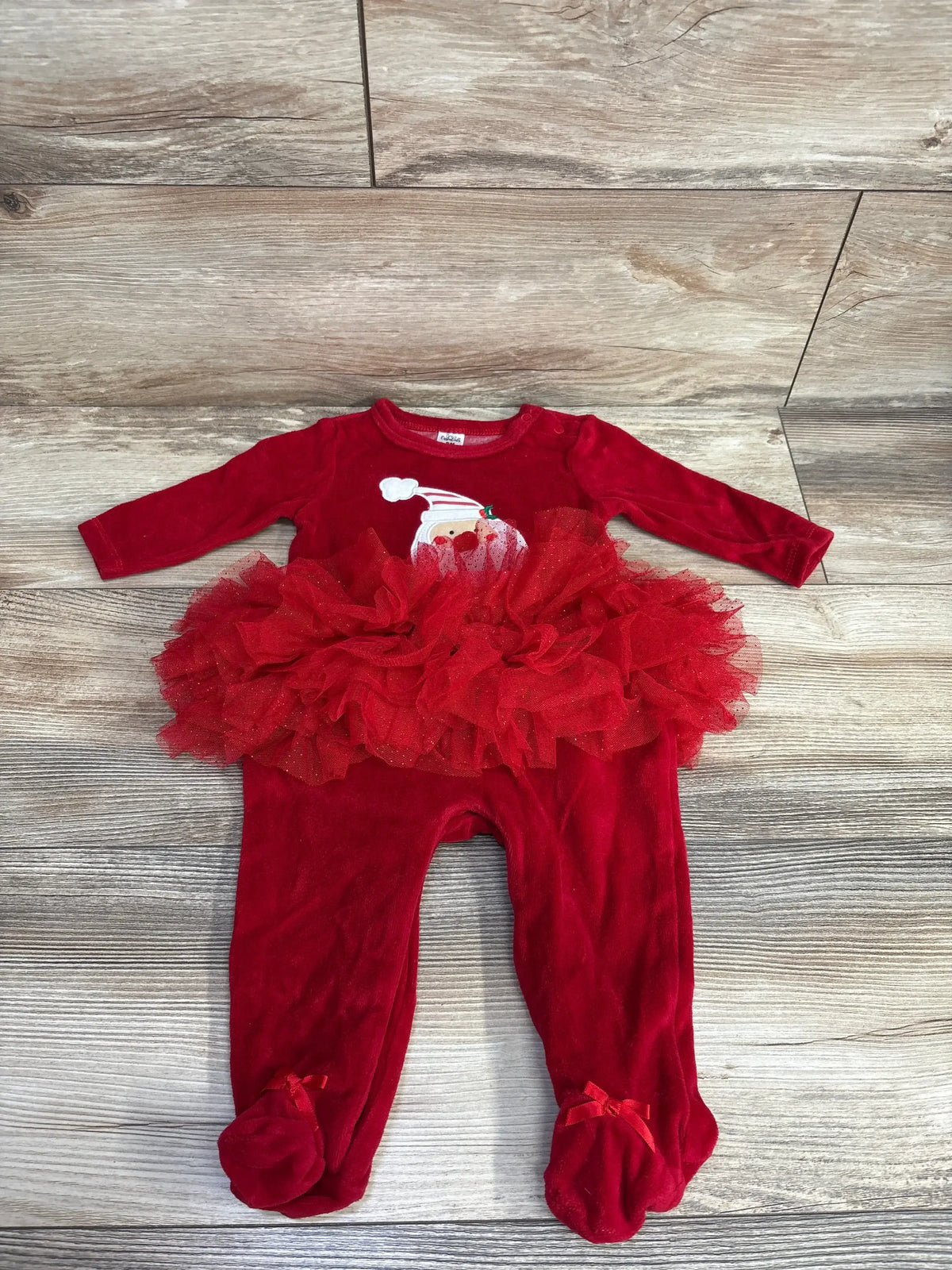Red velvet baby onesie with Santa print and tutu skirt, festive holiday outfit for infants