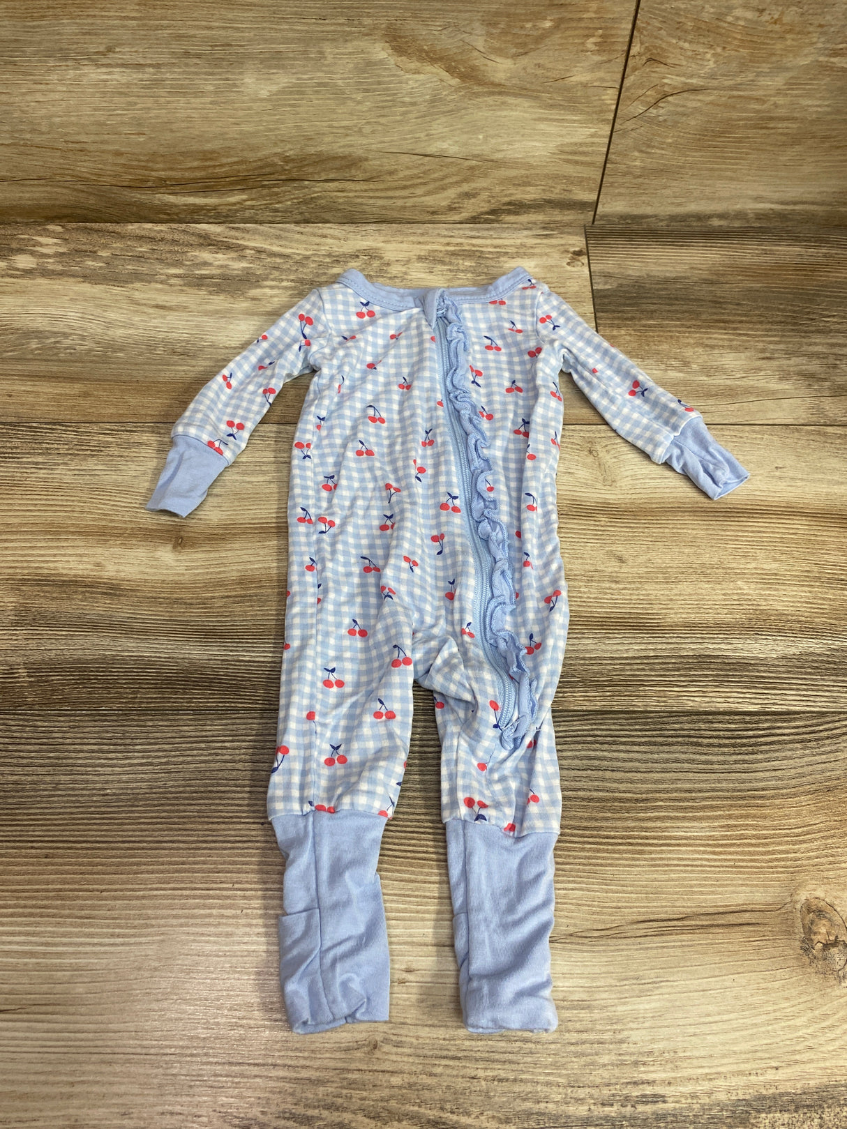 Sleep On It Cherry Print Bamboo Ruffle Convertible Sleeper Blue sz 0-3m