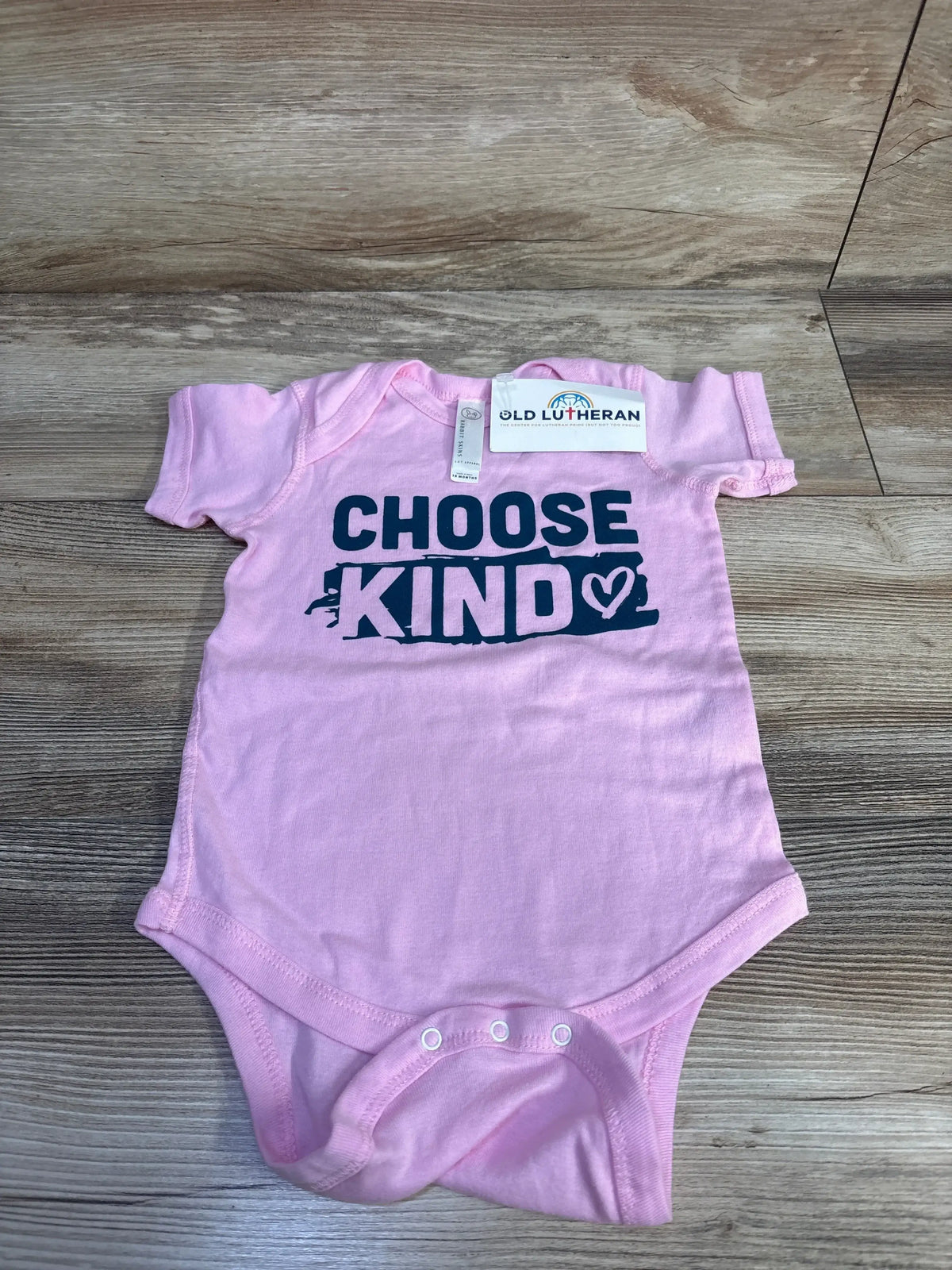 Front flat lay of pink Rabbit Skins 18-month bodysuit showcasing navy CHOOSE KIND chest print on wood background