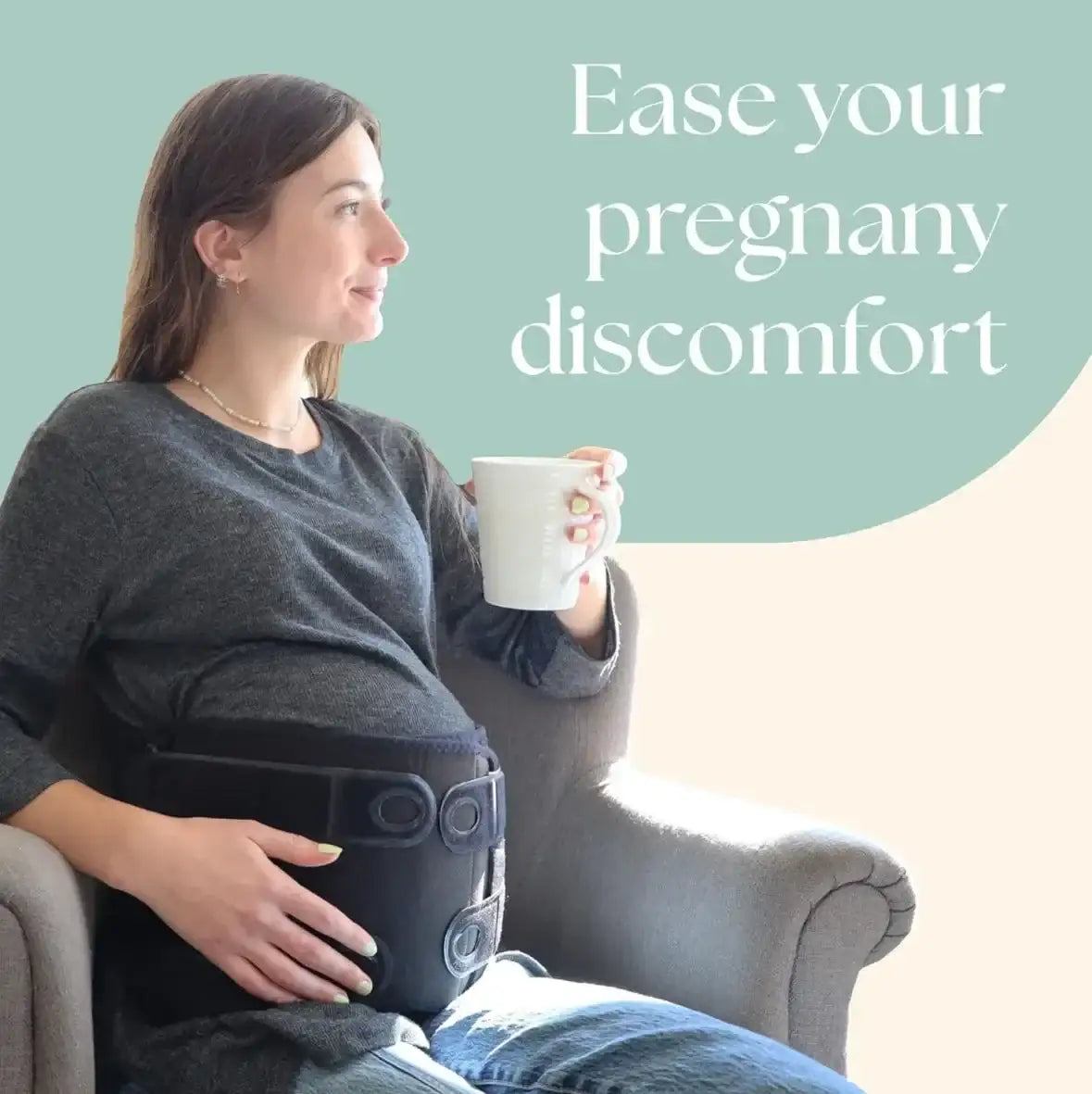 Side view of Matriarch support maternity belt in black showing front adjustable straps on seated model; overlay 'Ease pregnancy discomfort'