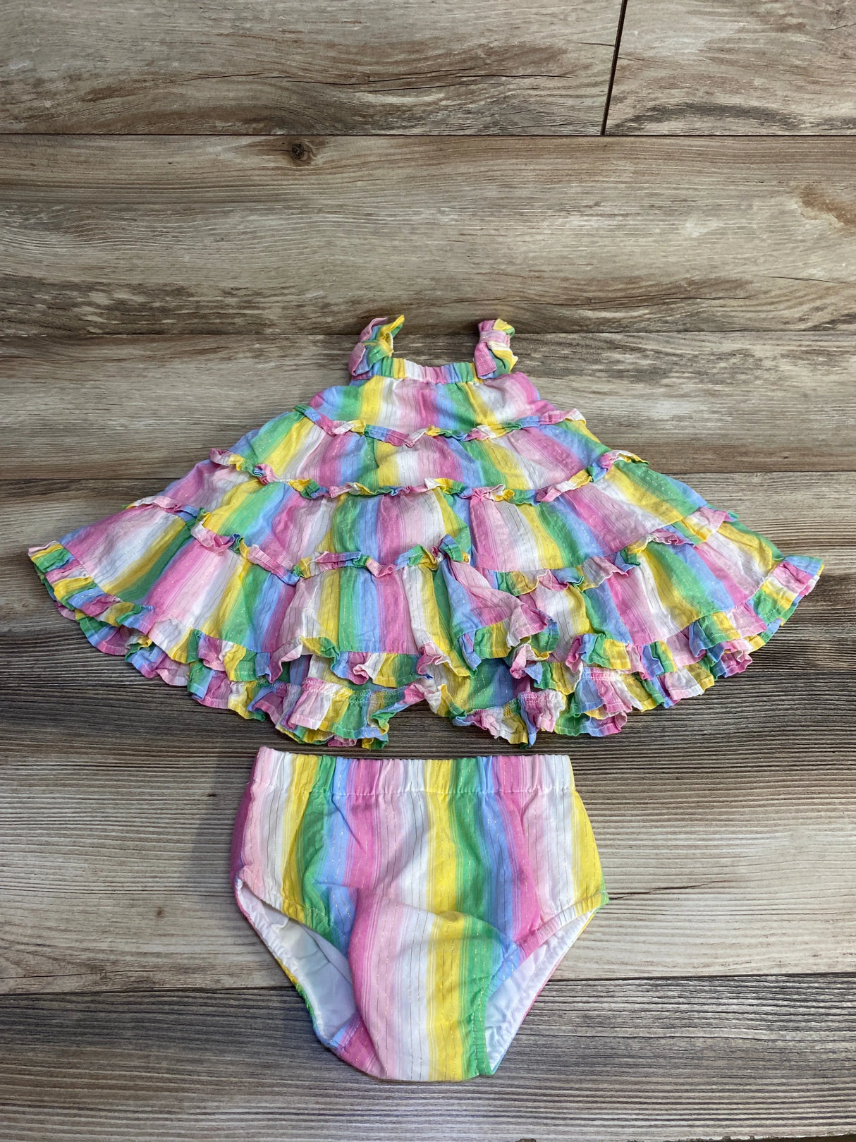 Rare Editions 2pc Striped Ruffle Dress & Bloomers Pink sz 6-9m - Me n Mommy To Be