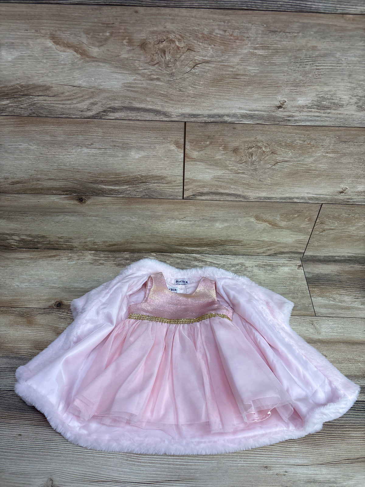 Blueberi Boulevard 2pc Faux Fur Coat & Sleeveless Dress Set Pink sz 3m