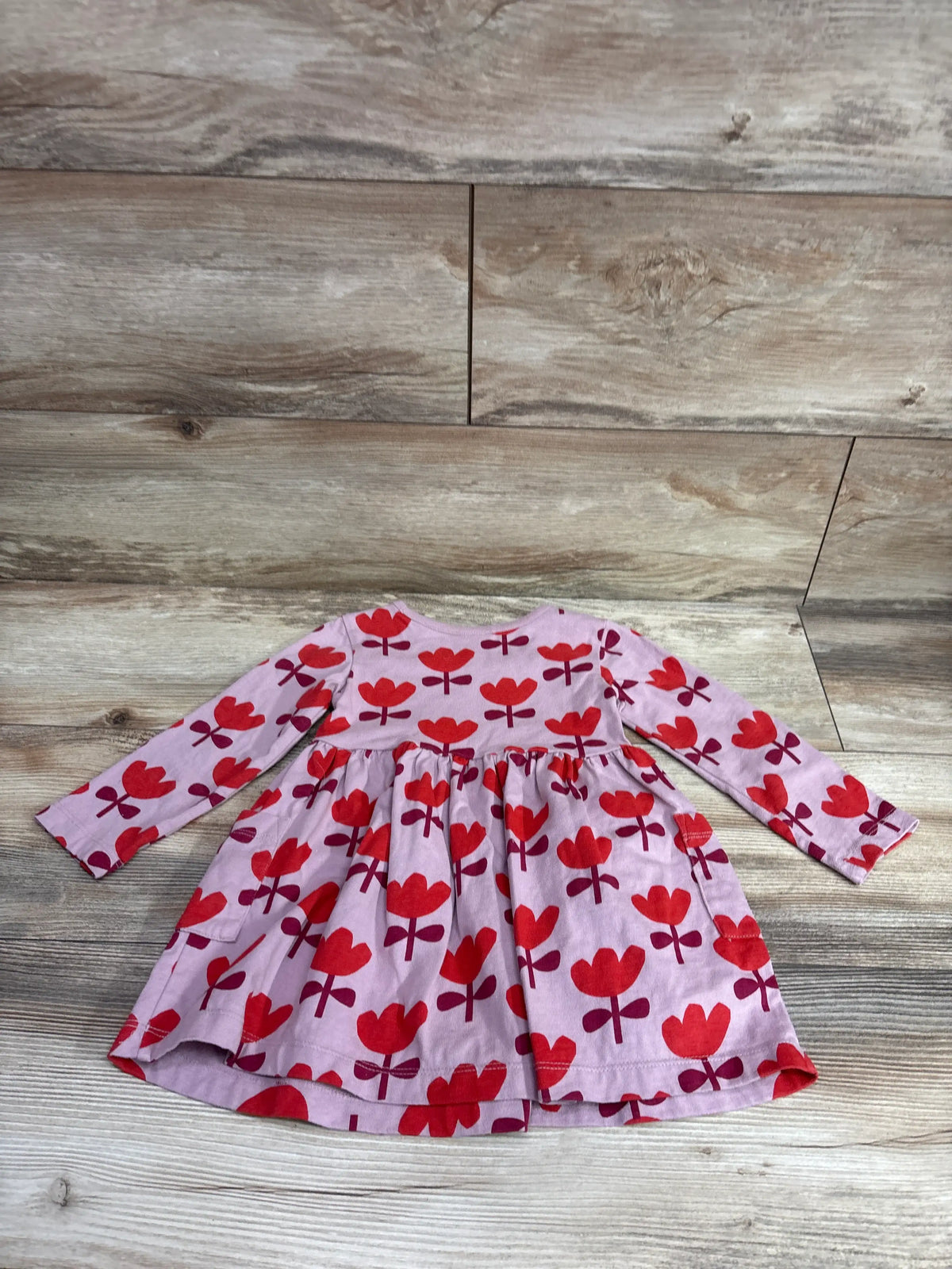 Front view of Hanna Andersson tulip playground dress in dusty rose, showing long sleeves and red tulip print on wood