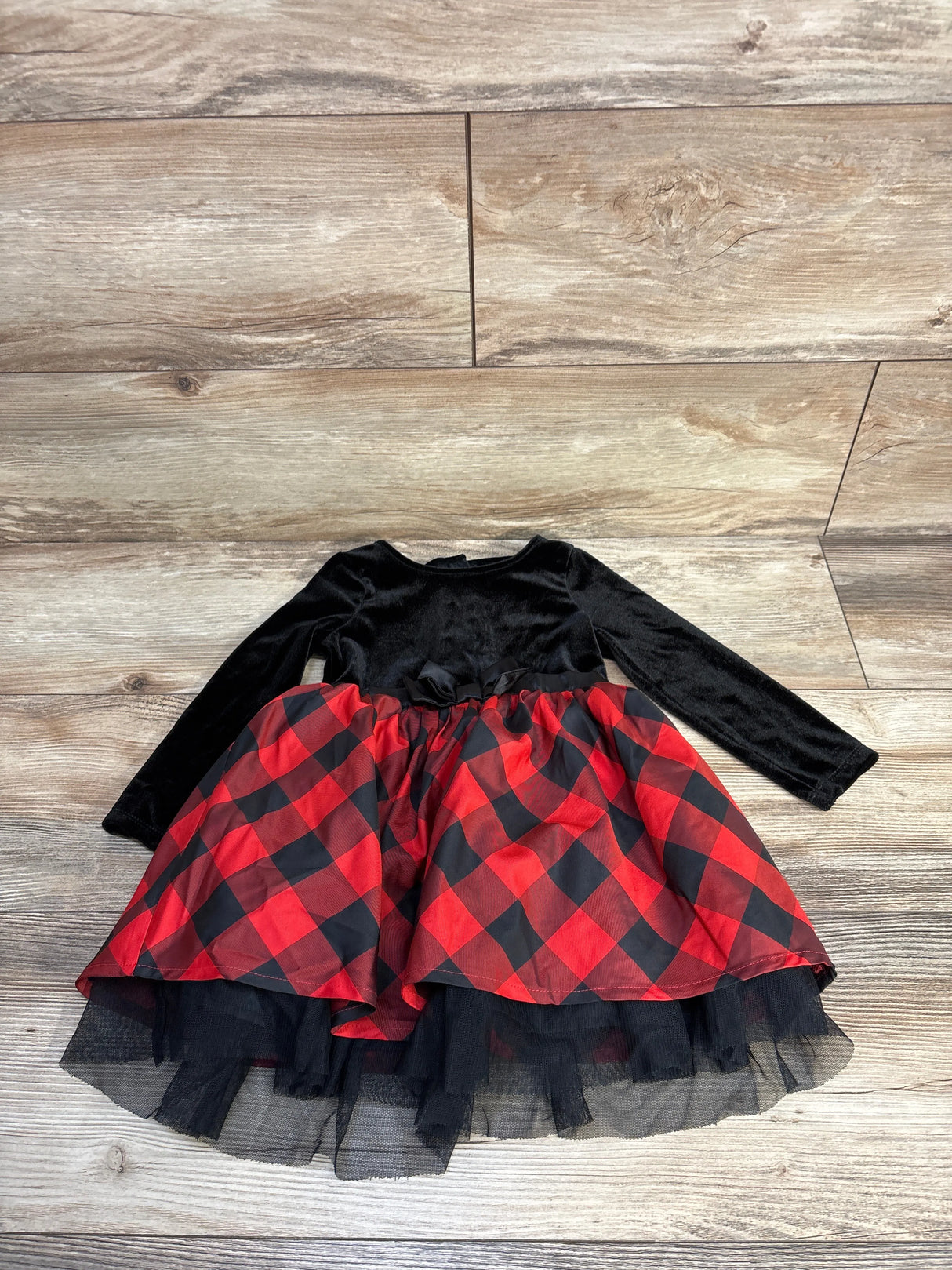 Cat & Jack Velvet Long Sleeve Tulle Dress Buffalo Plaid Black sz 2T