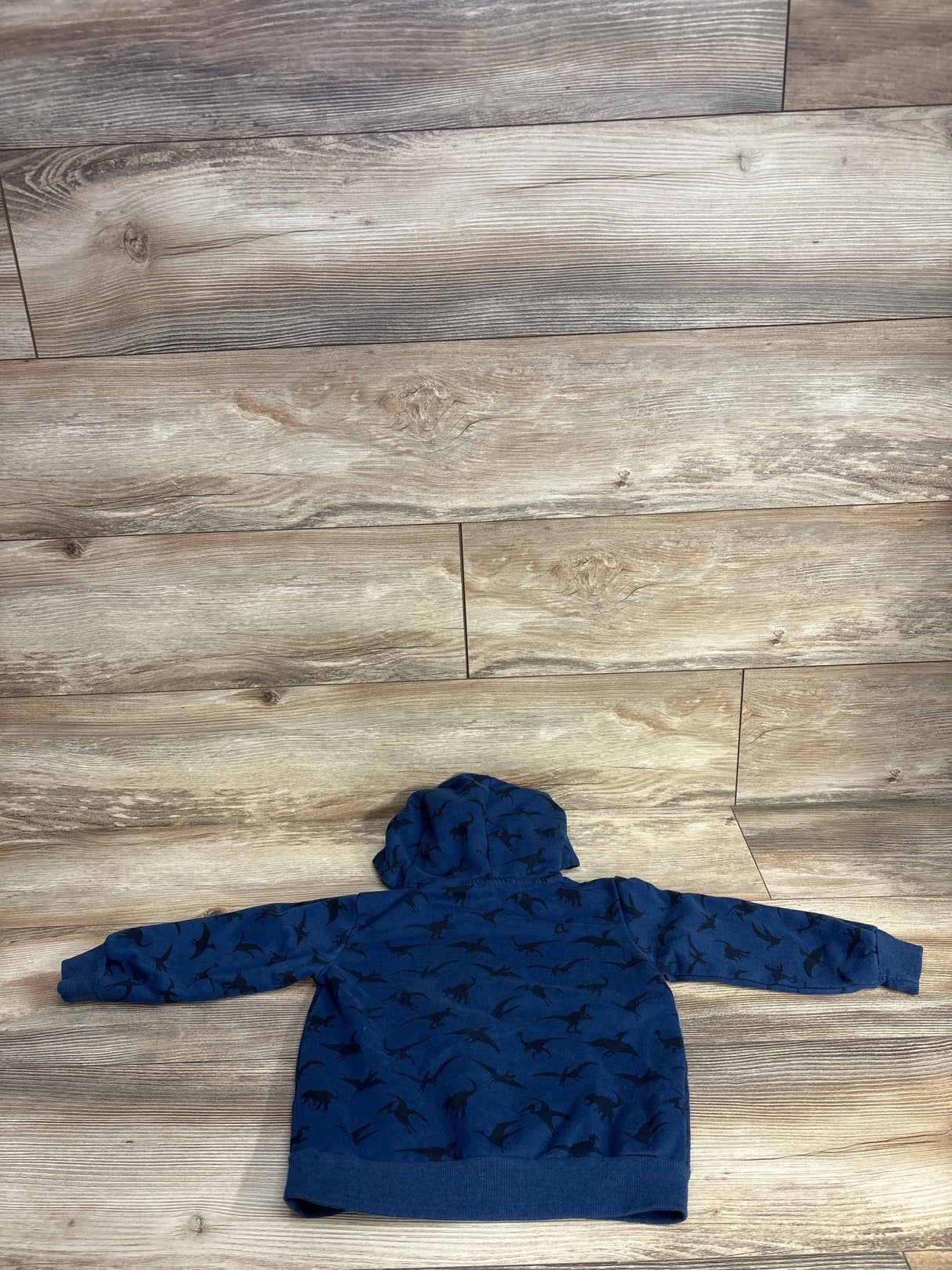 Blue kids hoodie with black dinosaur print, displayed flat on wood background