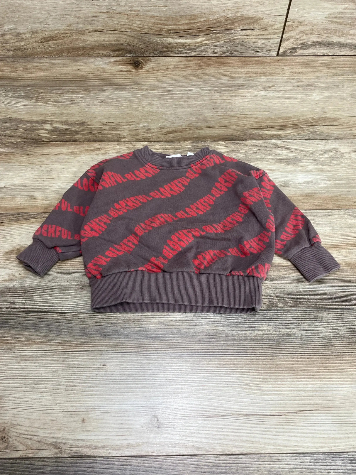 Front view of Zara Blockful sweatshirt showcasing brown fabric with red text print and ribbed cuffs on wood plank floor
