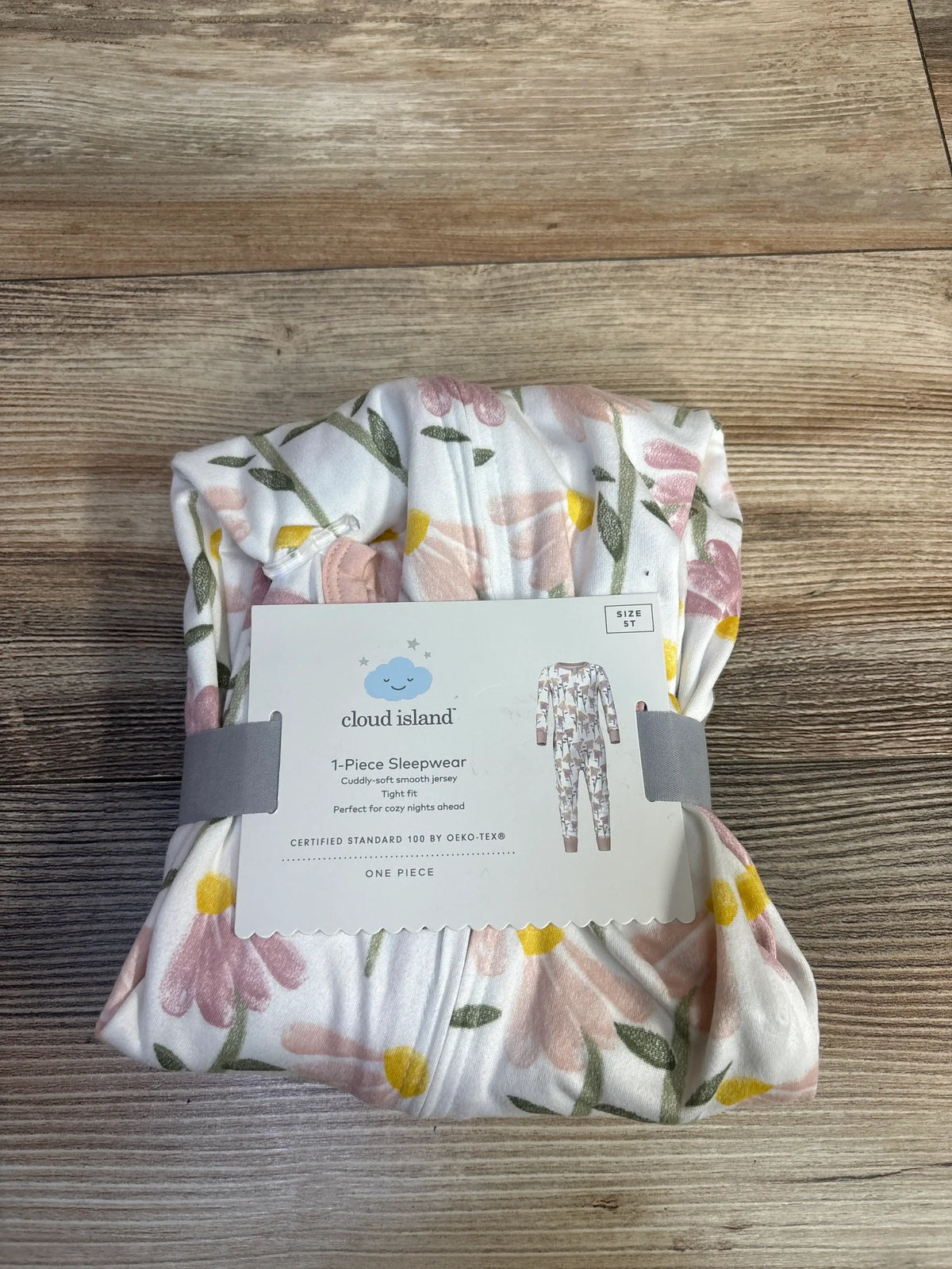 New Cloud Island white floral footless sleeper for toddlers, size 5T, in original packaging.