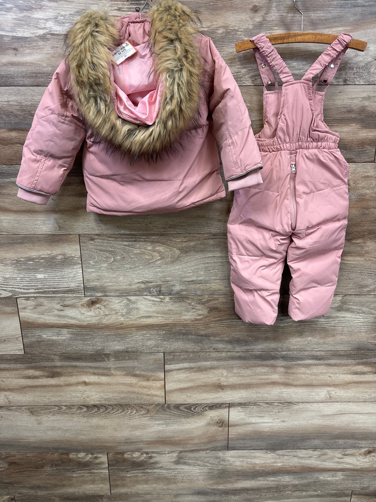 2pc Faux Fur Down Puffer Jacket & Snow Bib Set Pink sz 12-18m