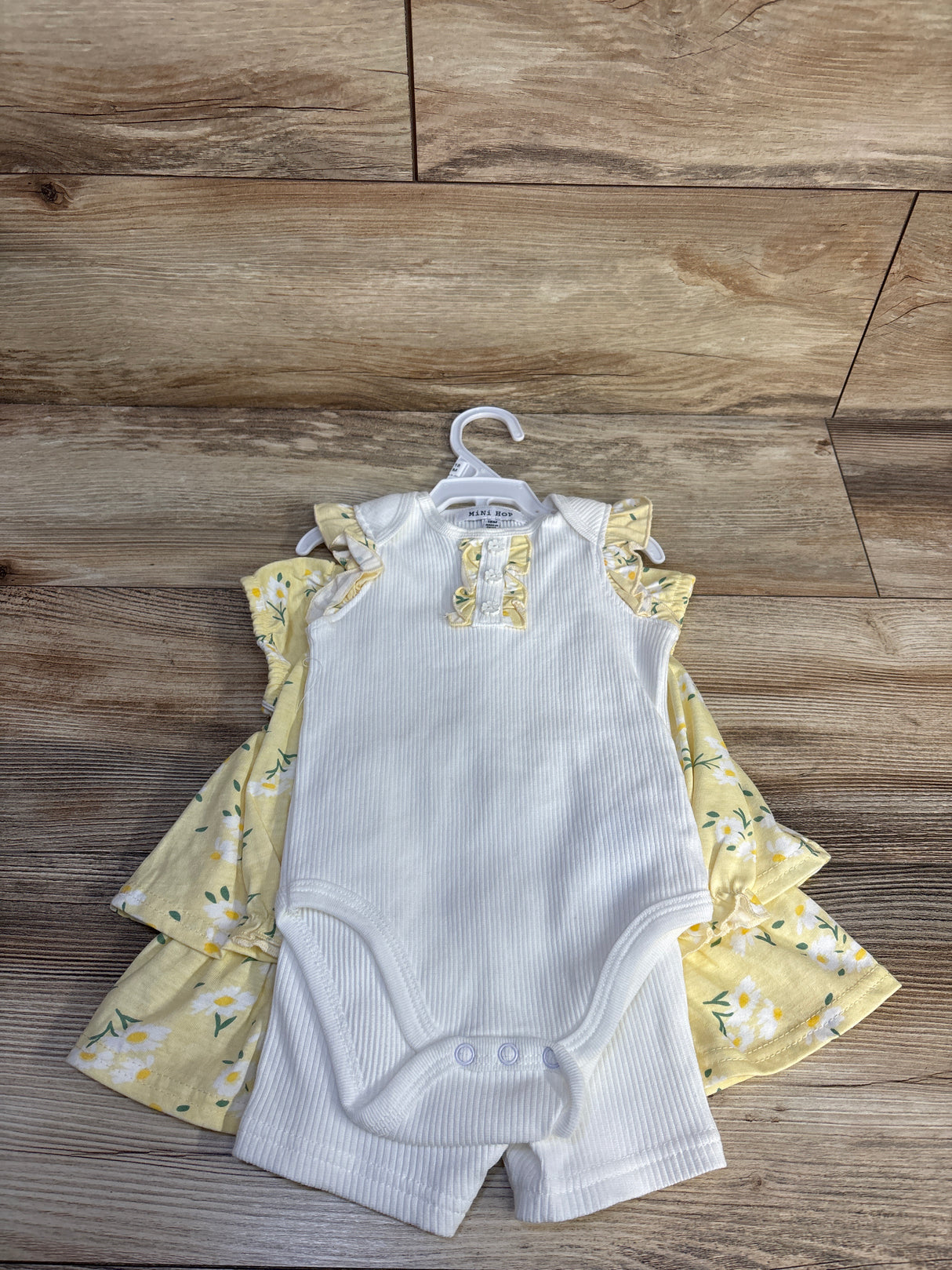 NEW Mini Hop 4pc Layered Peplum Top, Ribbed Bodysuit, & Shorts Set Yellow sz 18m