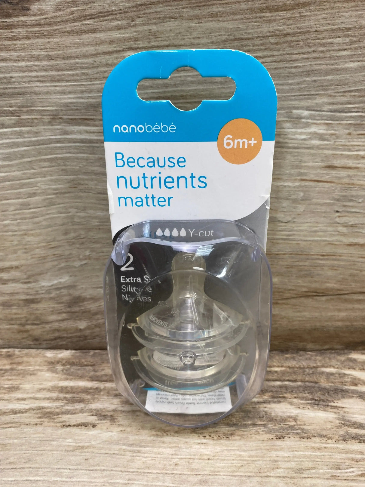 Close-up front view of Nanobebe silicone nipples 2-pack showcasing Y-cut teat and soft silicone texture on white background