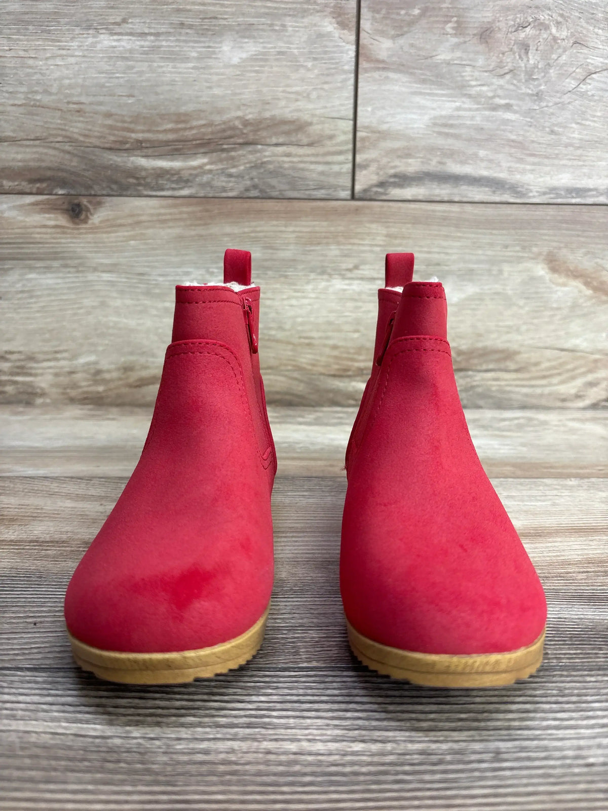 Front view of NWOT Cat & Jack Etta Boots Red size 12c showcasing red suede ankle boots with side zip and gum sole on wood plank floor