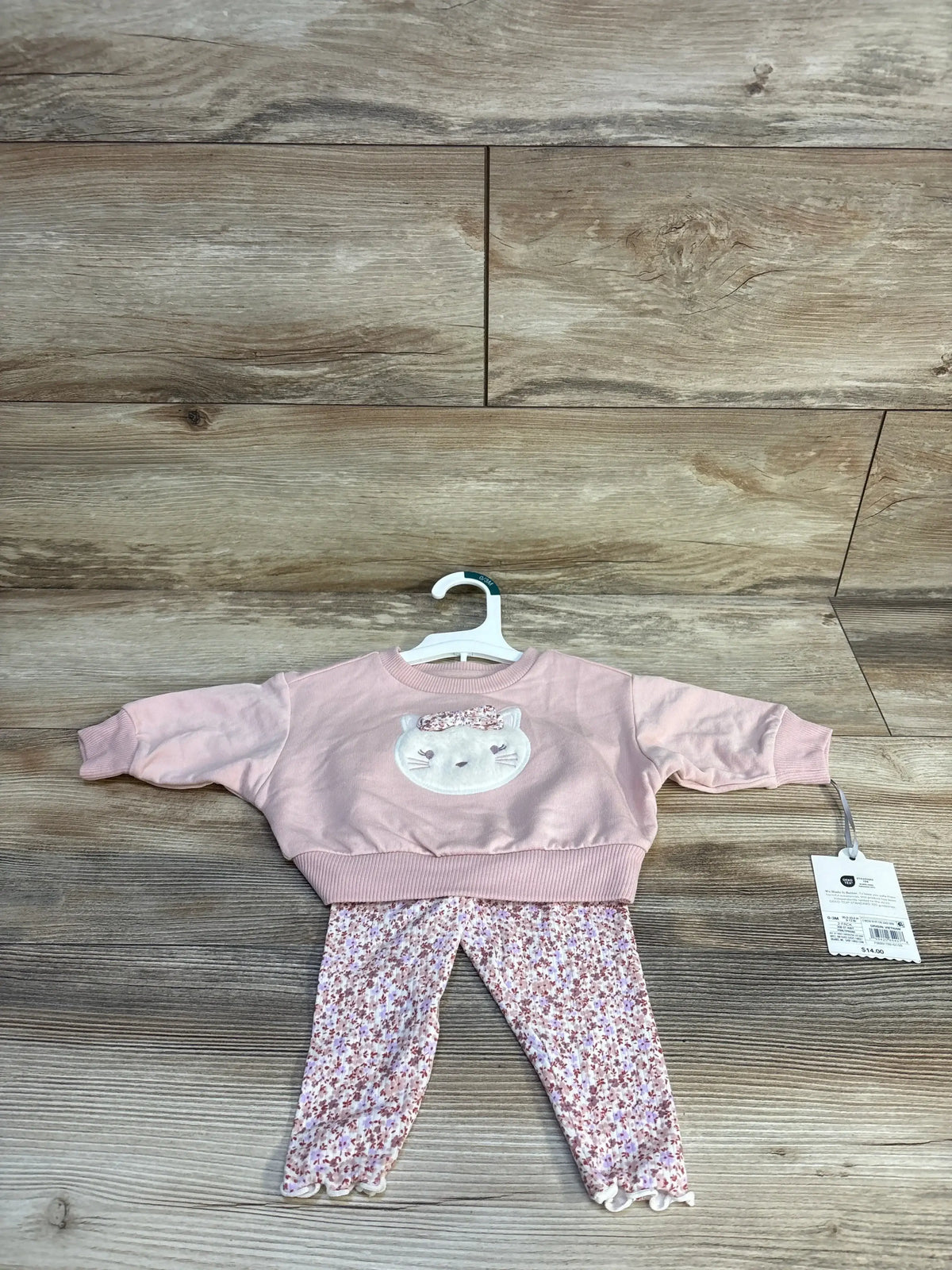 Front view of Cloud Island 2pc set on hanger showcasing pink sweatshirt with cat applique and floral print leggings on wood floor