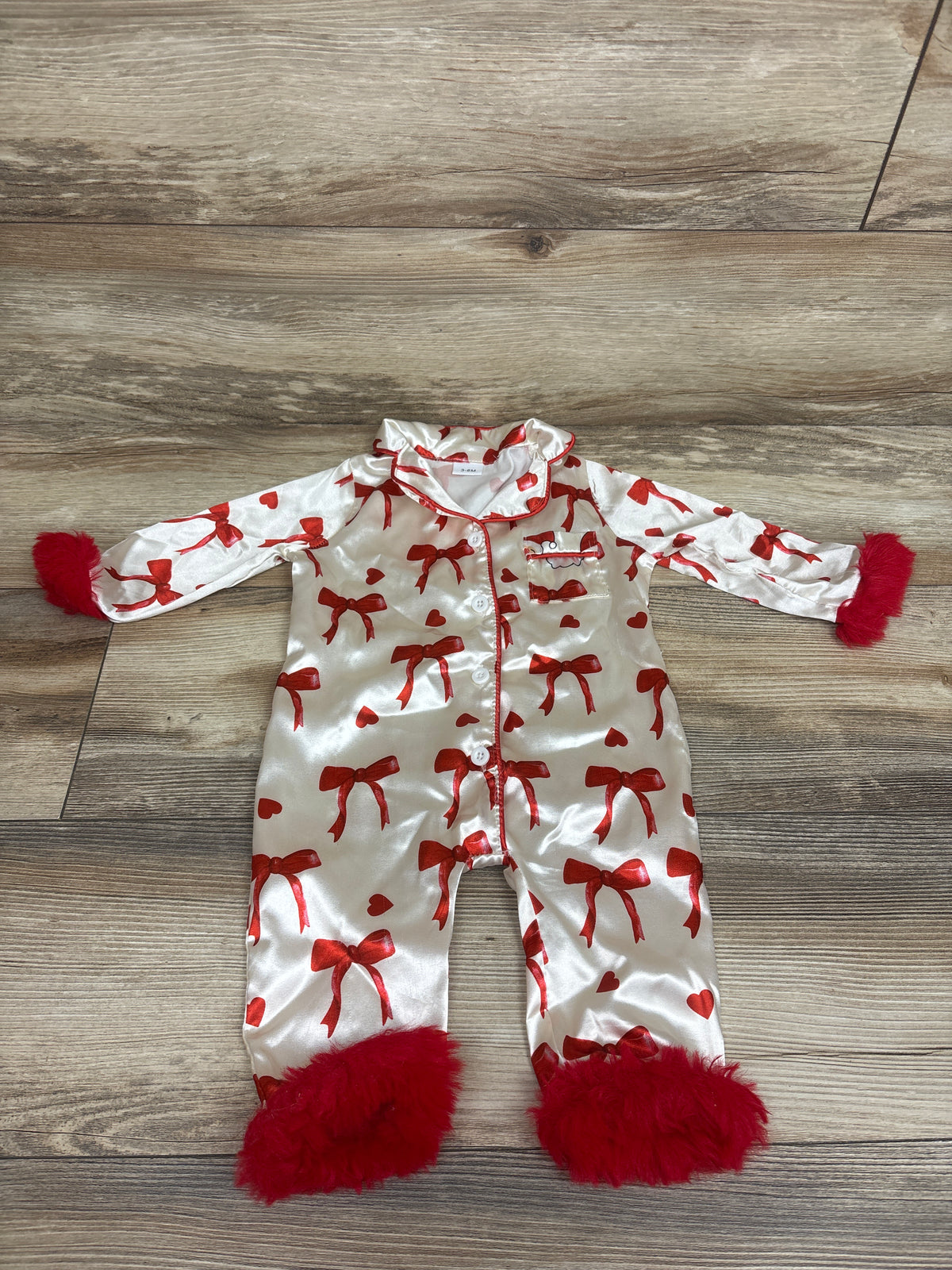 fyclemt Fur Trim Satin Bow Print Button-Up Coverall Cream sz 3-6m