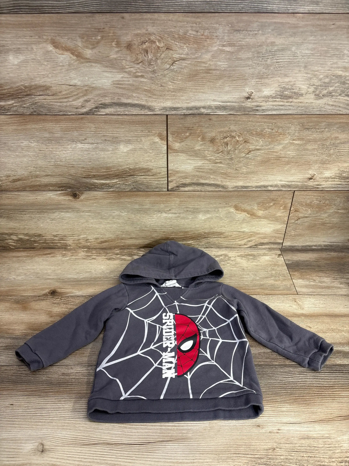 Gray kids hooded sweatshirt with white spider web and red superhero mask graphic