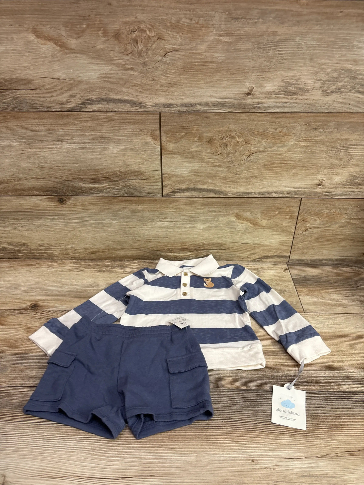 NEW Cloud Island 2pc Fox Striped Polo Shorts Set Blue sz 18m