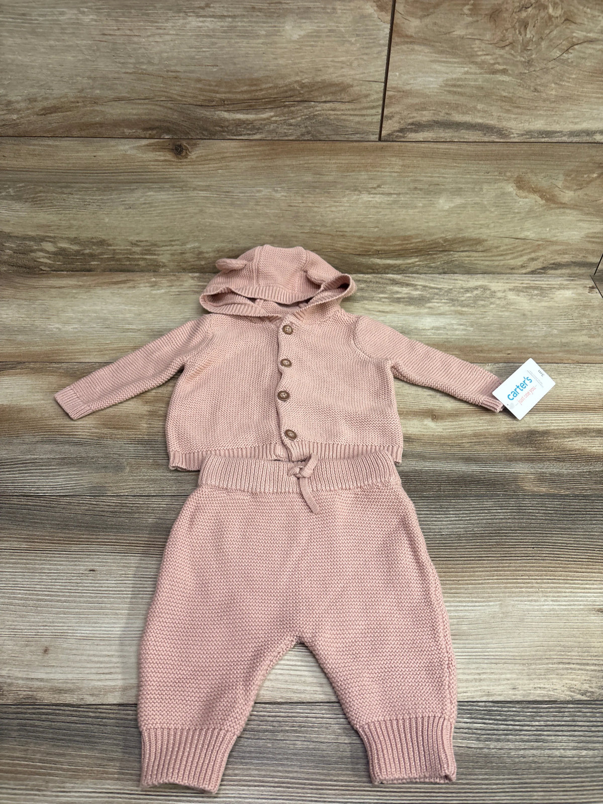 Pink 2-piece knit hooded button-up cardigan and pants set by Me n Mommy To Be