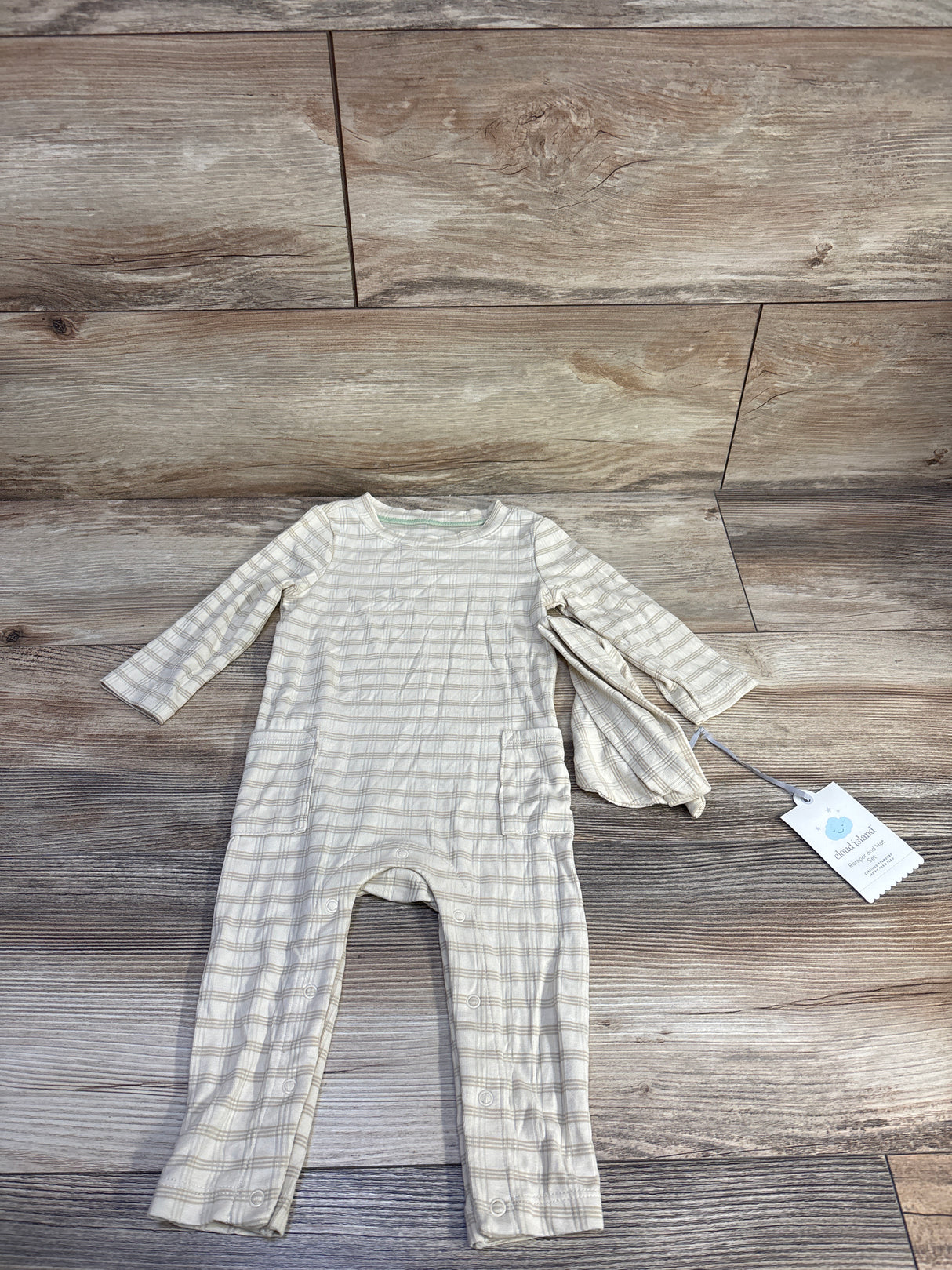 NEW Cloud Island Jacquard Checkered Romper & Hat Beige sz 6-9m