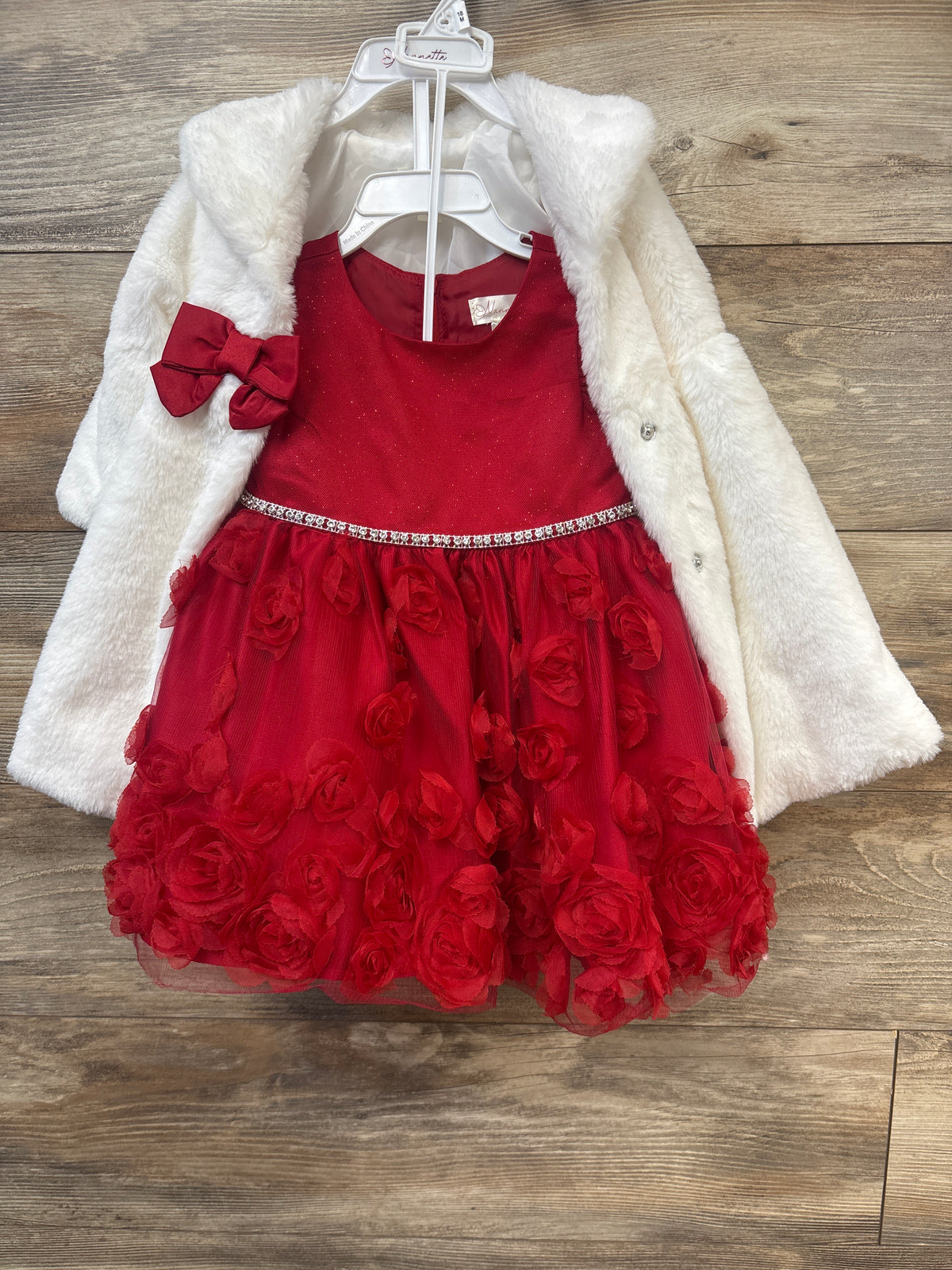 Nannette 3pc Rosette Dress, Faux-Fur Dress Coat, & Bloomers Set White sz 18m