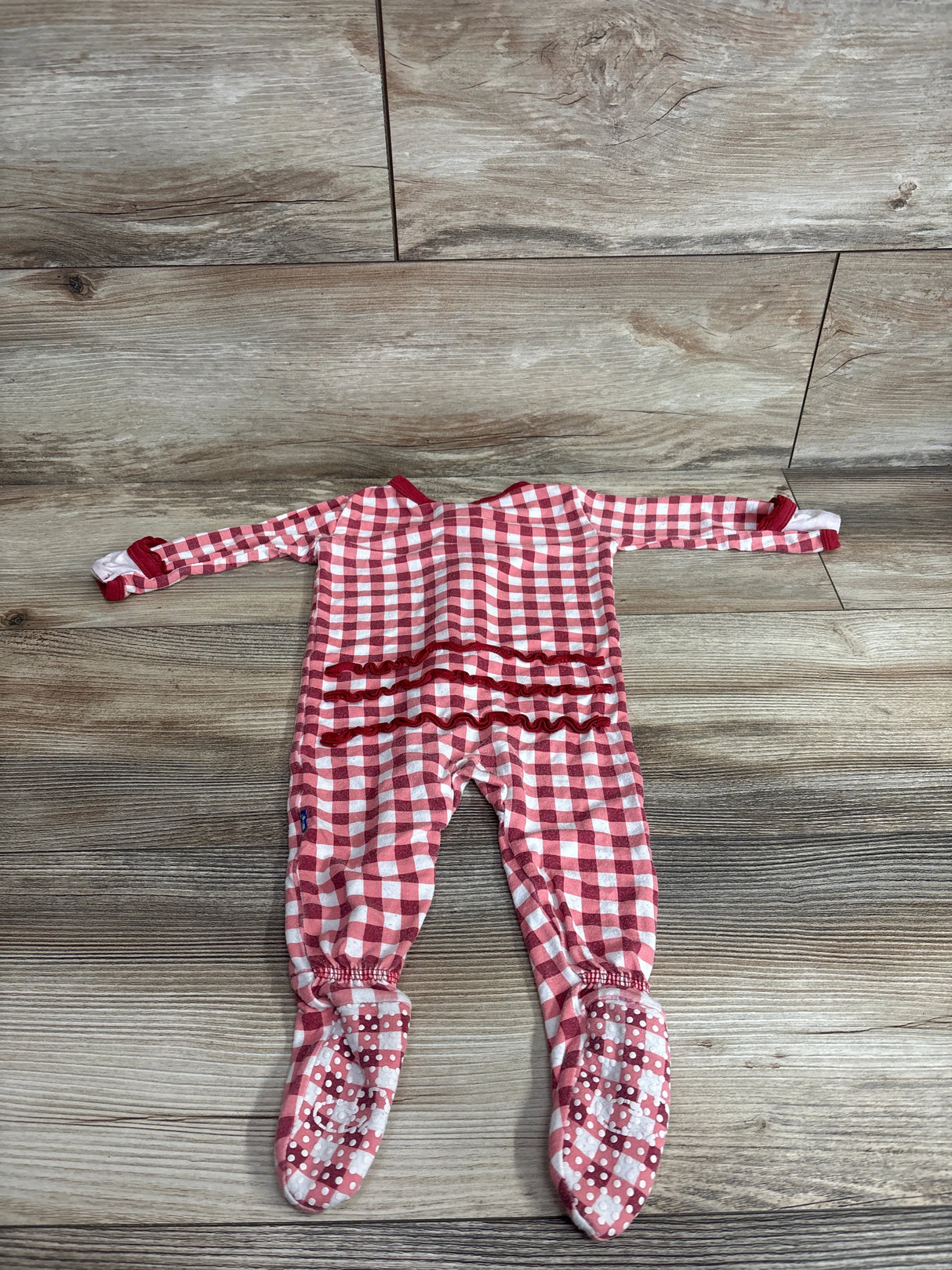 Kickee Pants Bamboo Ruffle Zip Footie in Wild Strawberry Gingham Red sz 3-6m