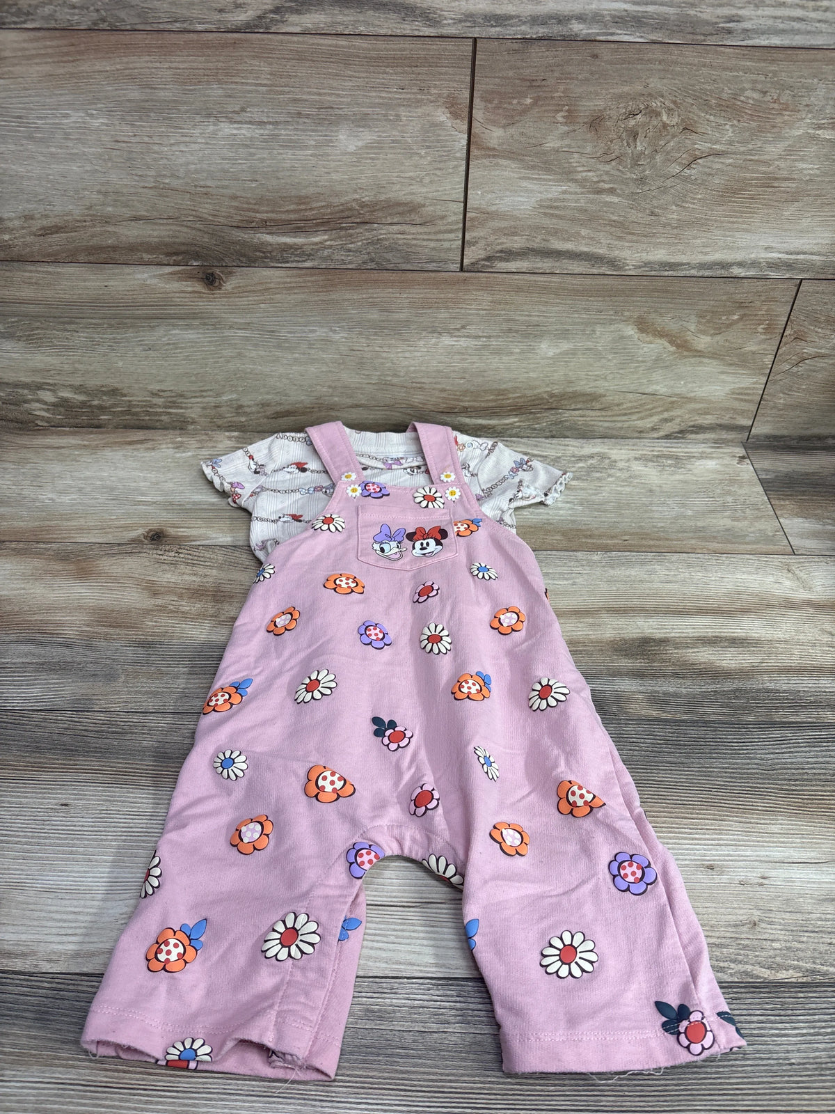 Boxlunch pink Disney Minnie and Daisy floral infant overalls and t-shirt set