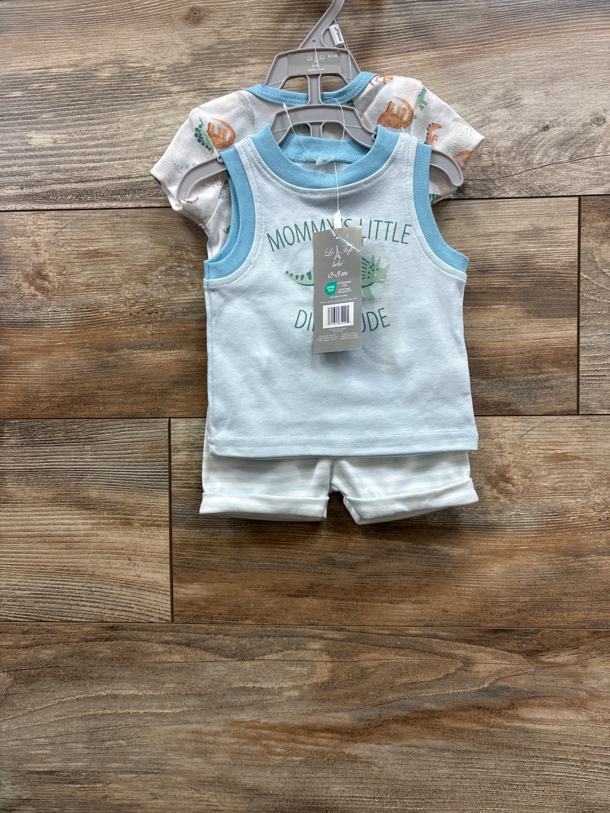 NEW Le Top Bebe 3pc Dino Tank Top & Bottoms Set Light Blue sz 0-3m