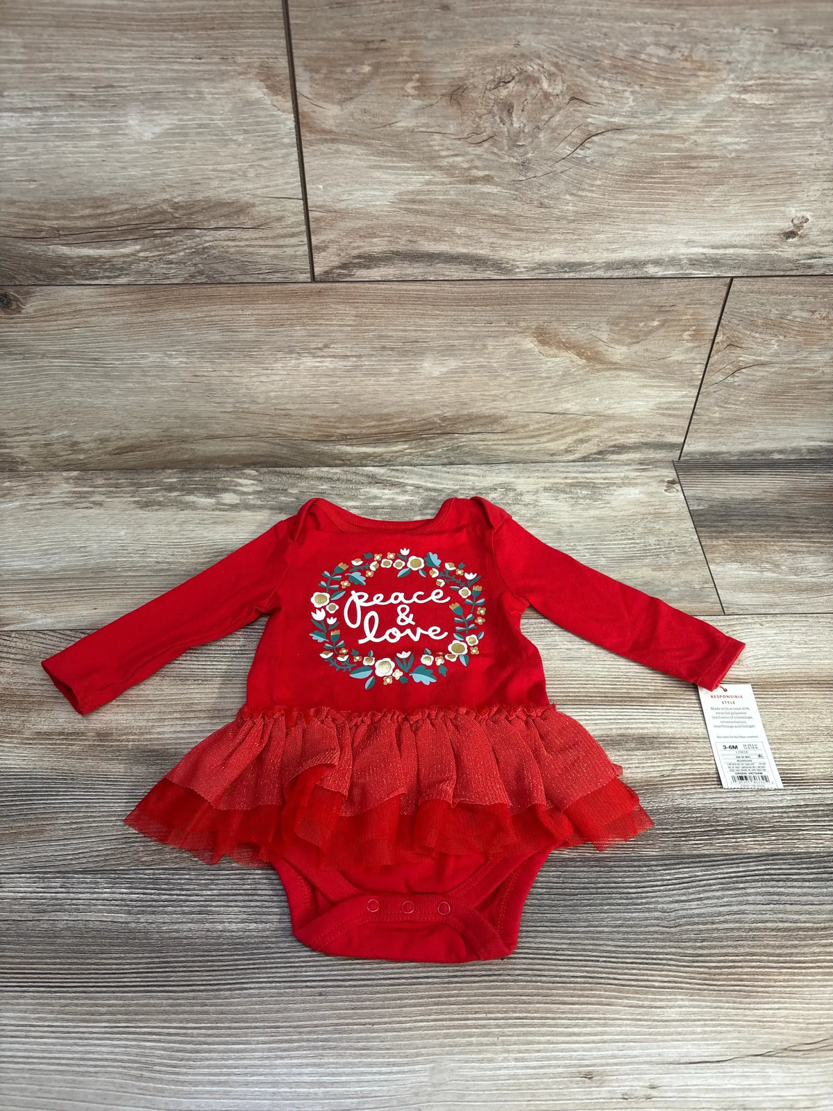 Red baby girl long sleeve tutu bodysuit with 'peace & love' wreath graphic, size 3-6 months