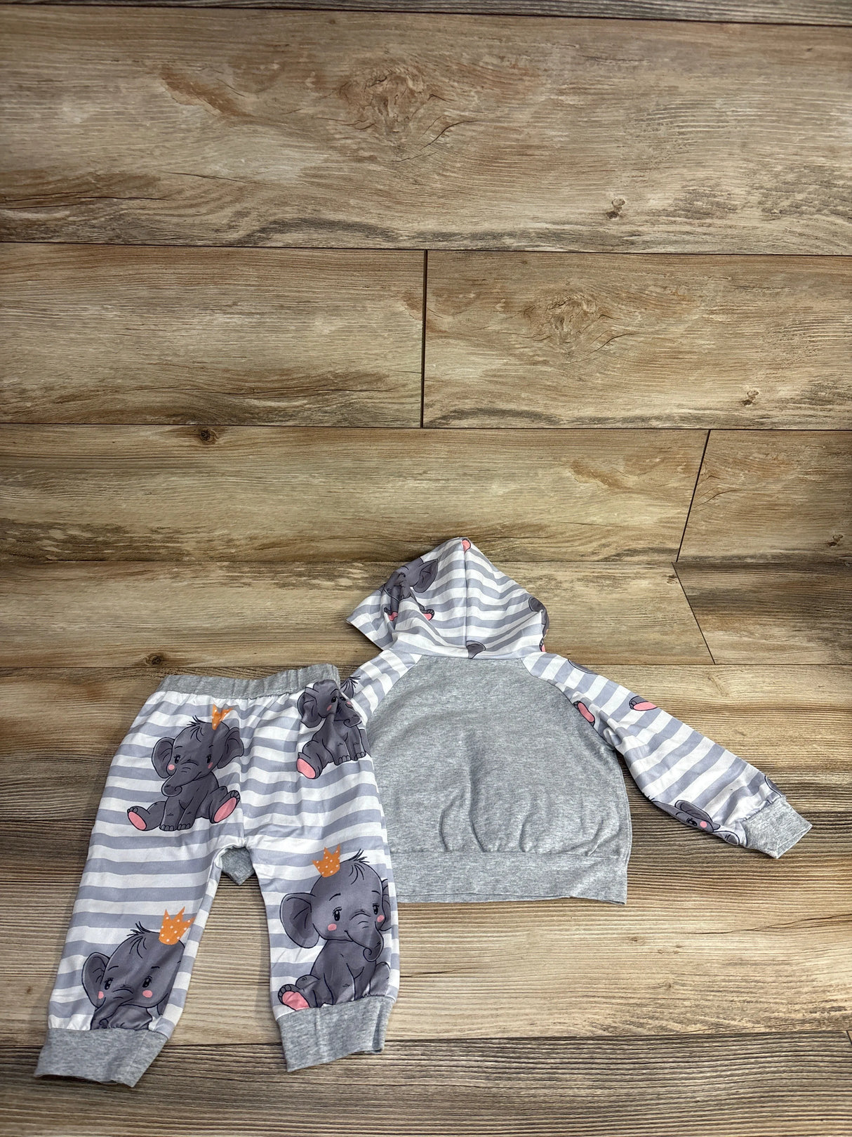 2pc Hooded Striped Elephant Hooded Shirt & Bottoms Set Grey sz 6-9m