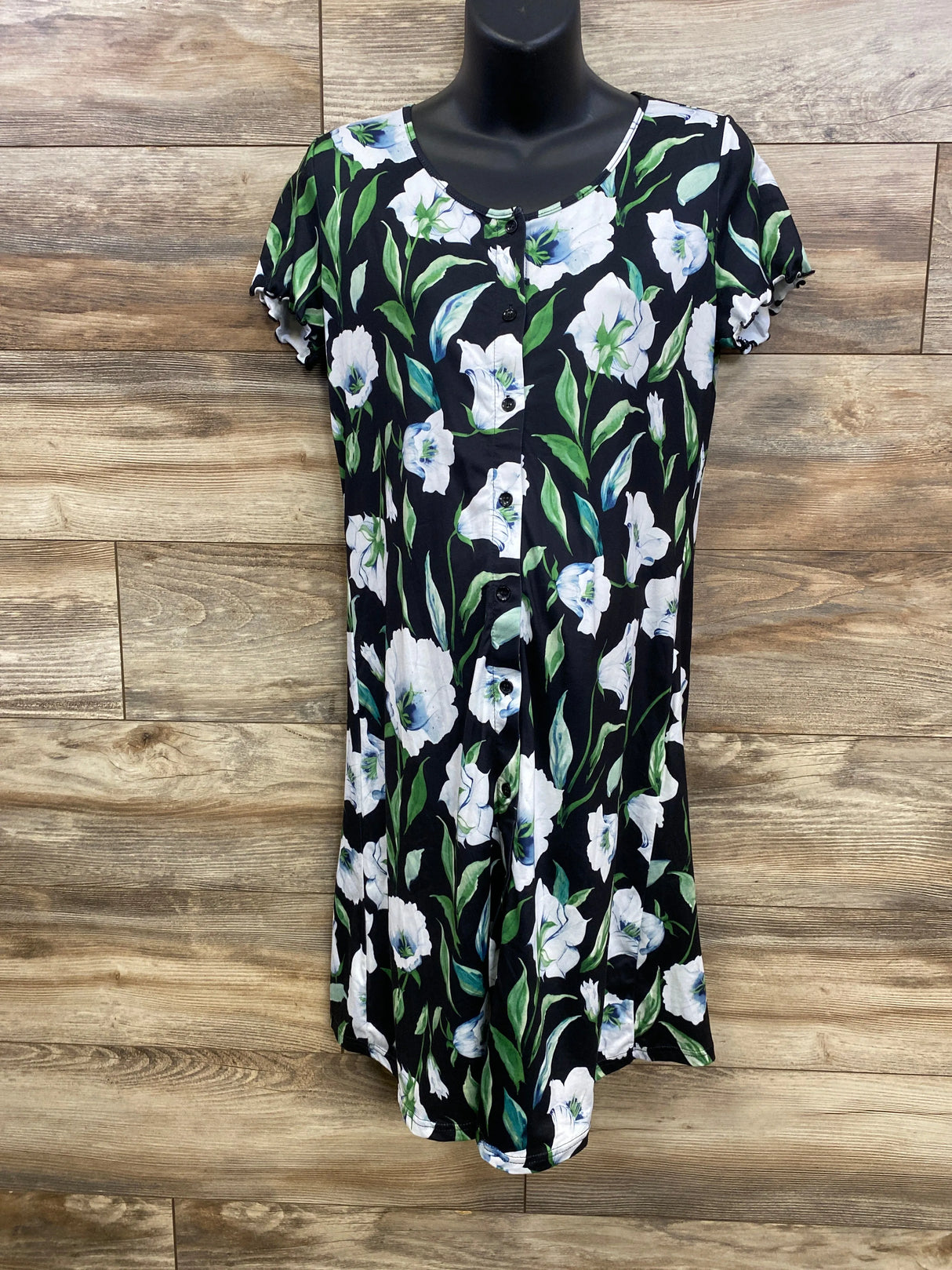 Ekouaer Button Up Floral Nightgown Black sz Small - Me n Mommy To Be