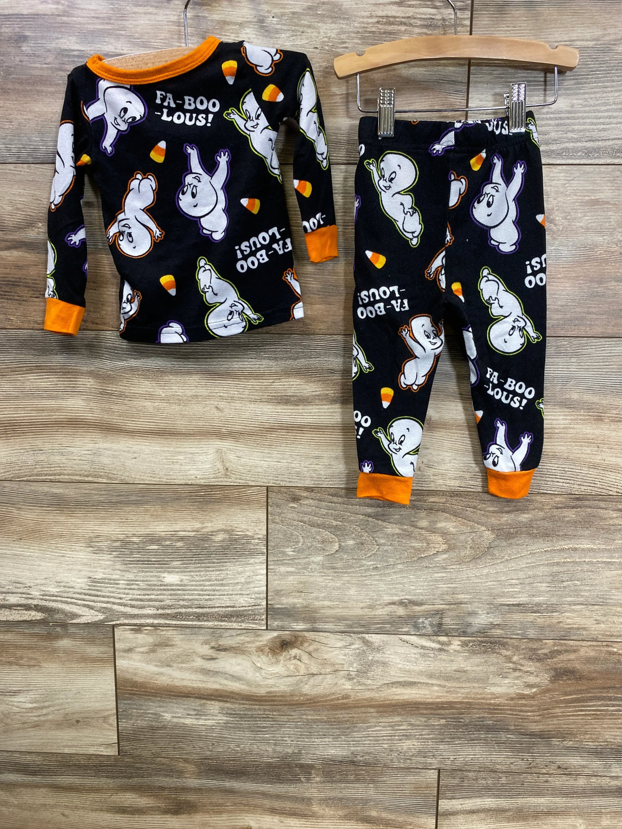 Kids Halloween pajamas with ghost and candy corn print, black with orange trim, FA-BOO-LOUS design