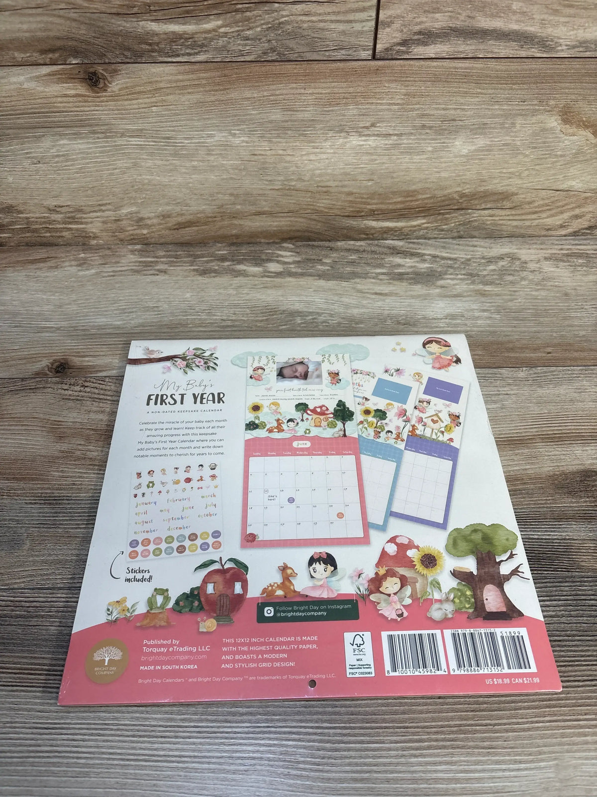 Baby's first year milestone calendar with stickers, cute animal and fairy illustrations on wood background