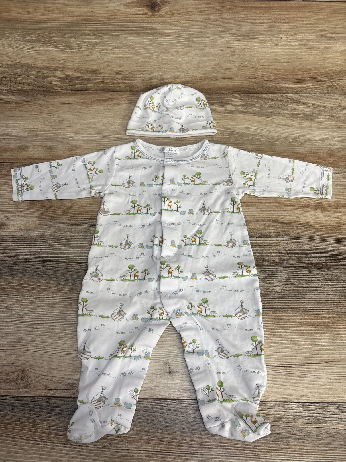 Kissy Kissy 2pc Noah's Blue Print Footie & Hat White sz 3-6m - Me n Mommy To Be