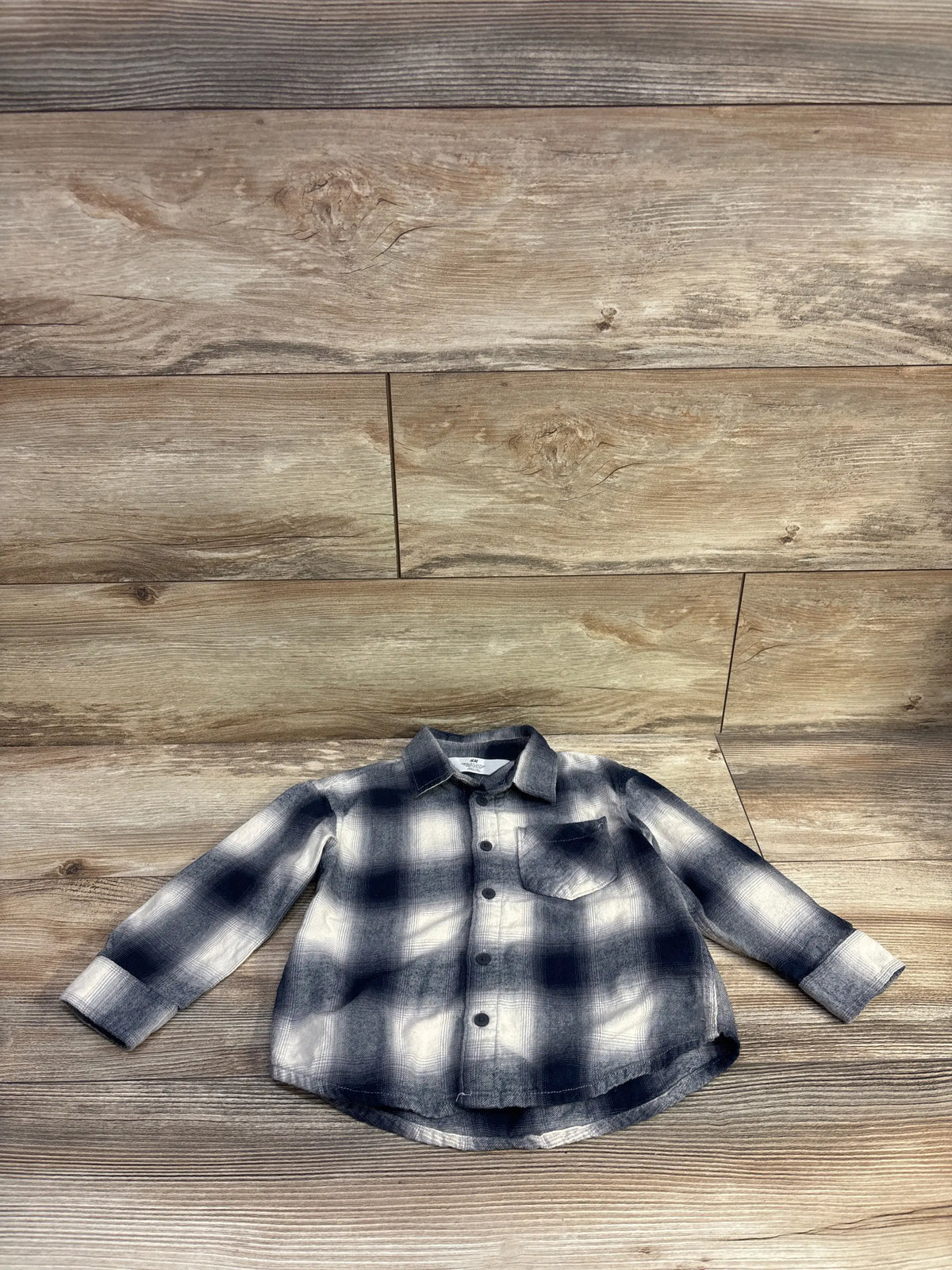 H&M blue and white plaid flannel button-up shirt for toddlers, size 2T.