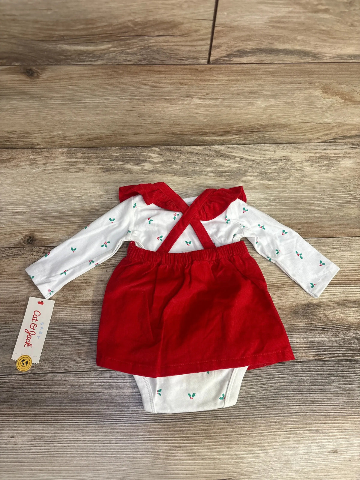 Red corduroy baby dress with holly print long-sleeve top, festive holiday outfit for infants