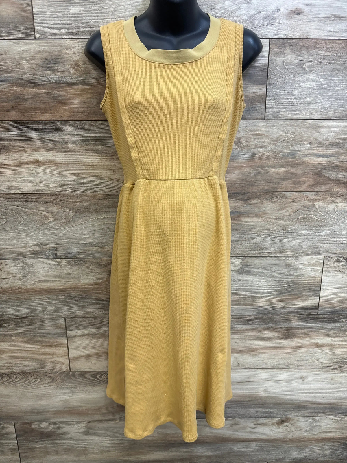 Front view of Roolee Mom yellow nursing tank dress with ribbed sleeveless bodice, fitted waist and A-line skirt