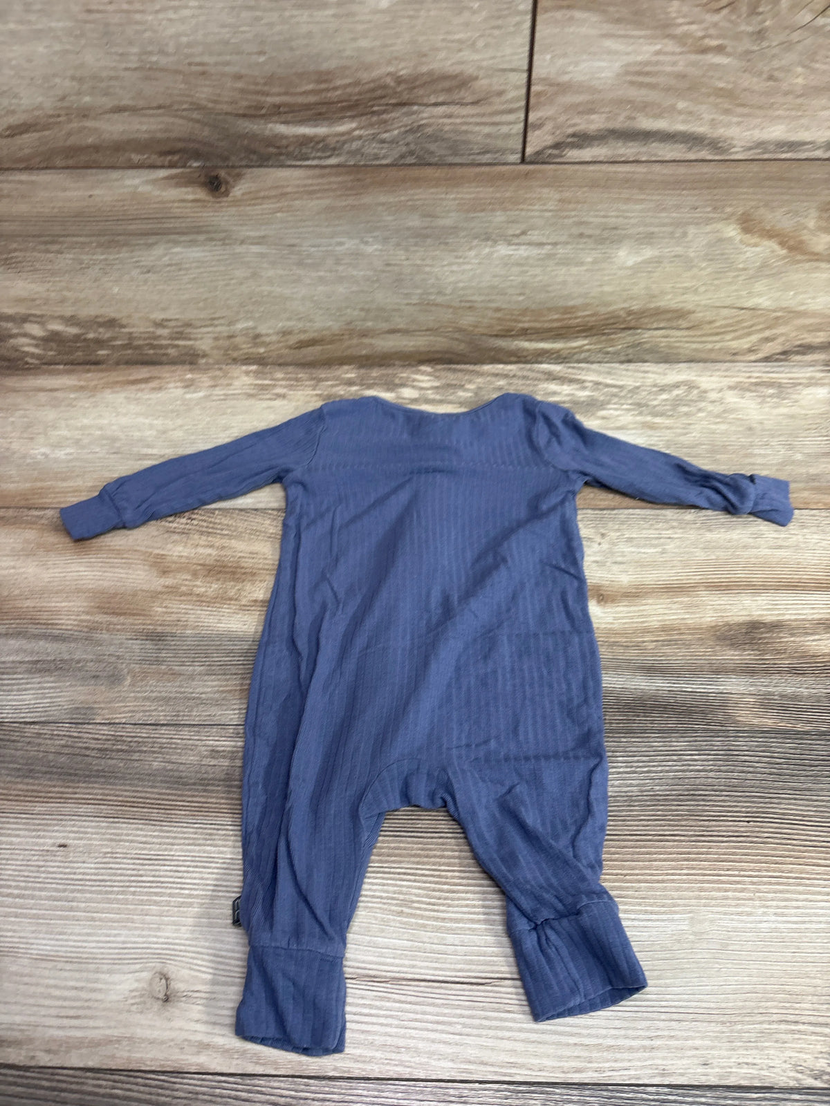 Modern Moments ribbed footless viscose baby sleeper in blue, size 3-6m, on a wooden background