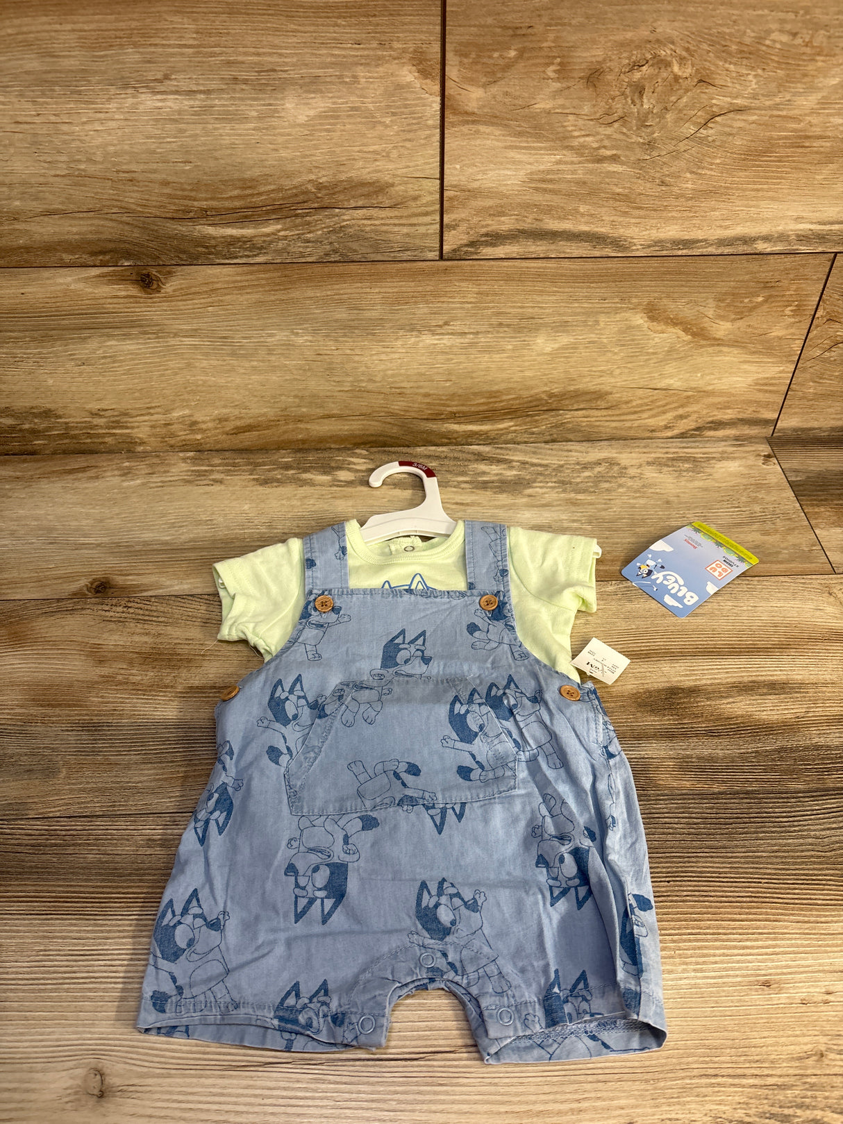 NEW Bluey 2pc Shirt & Chambray Shortalls Set Green sz 3/6m
