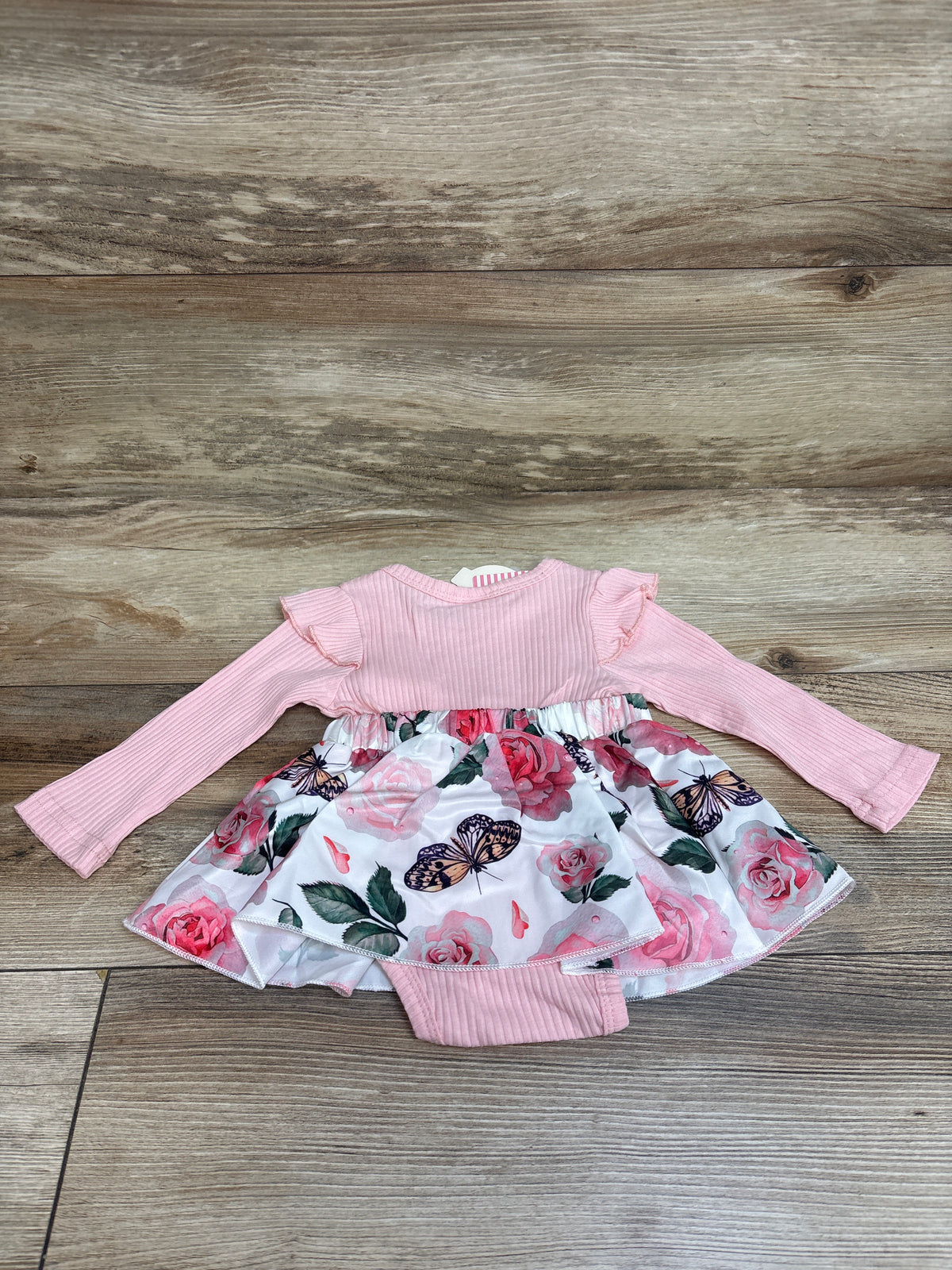 NEW Highuzza Long Sleeve Ribbed Faux-Suspender Bodysuit Dress Pink sz 0-3m